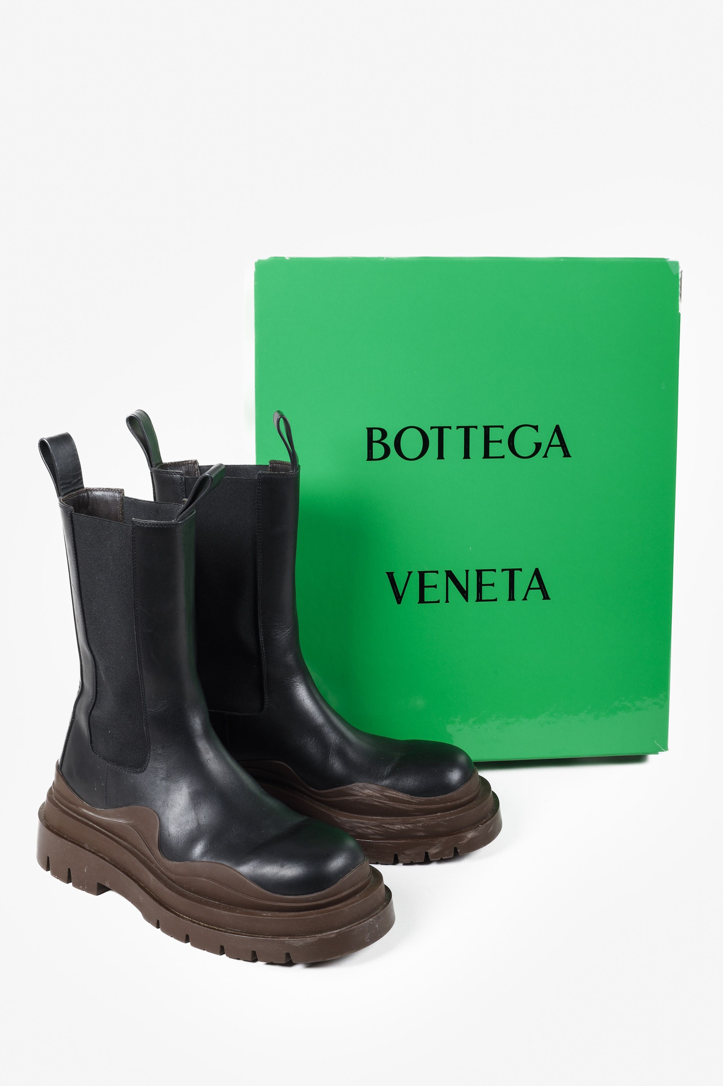 image of Bottega Veneta Black & Brown Tire Chelsea Boots in Black/Brown, Women's (Size 9)