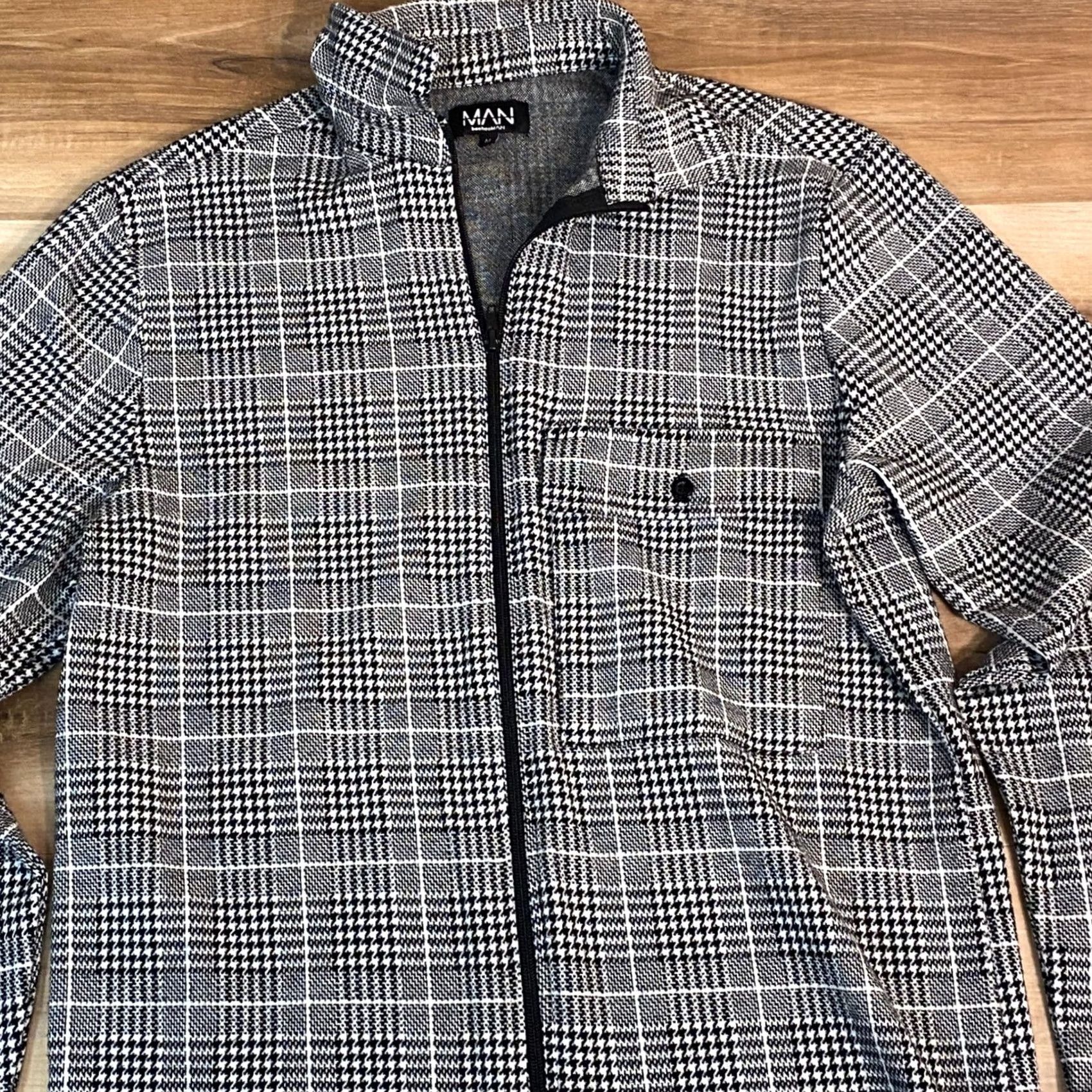 Vintage BoohooMAN Shirt Mens Medium Plaid Zip-Up Collared Shirt Jacket Black White Size US M / EU 48-50 / 2 - 2 Thumbnail