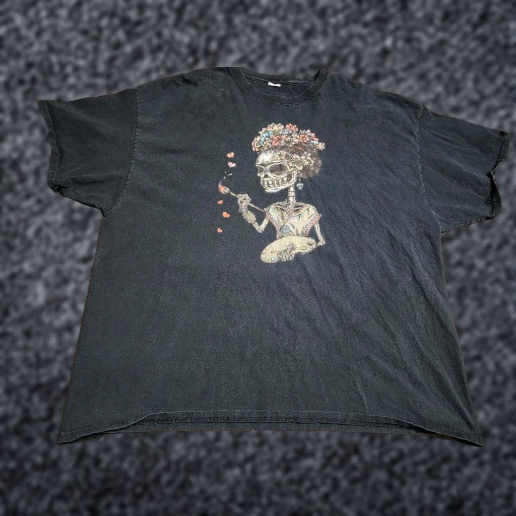 Vintage Mens 2XL Frieda Kahlo Art T-Shirt Day of the Dead Skeleton Crew Neck Cotton Vintage 80s 90s Size US XXL / EU 58 / 5 - 1 Thumbnail