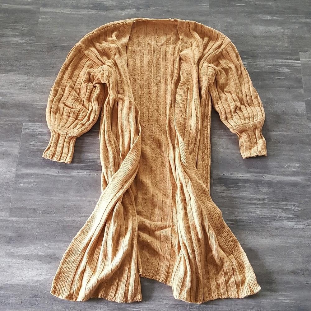 Designer Camel Ribbed Long Sleeve Duster Cardigan Size ONE SIZE - 1 Thumbnail