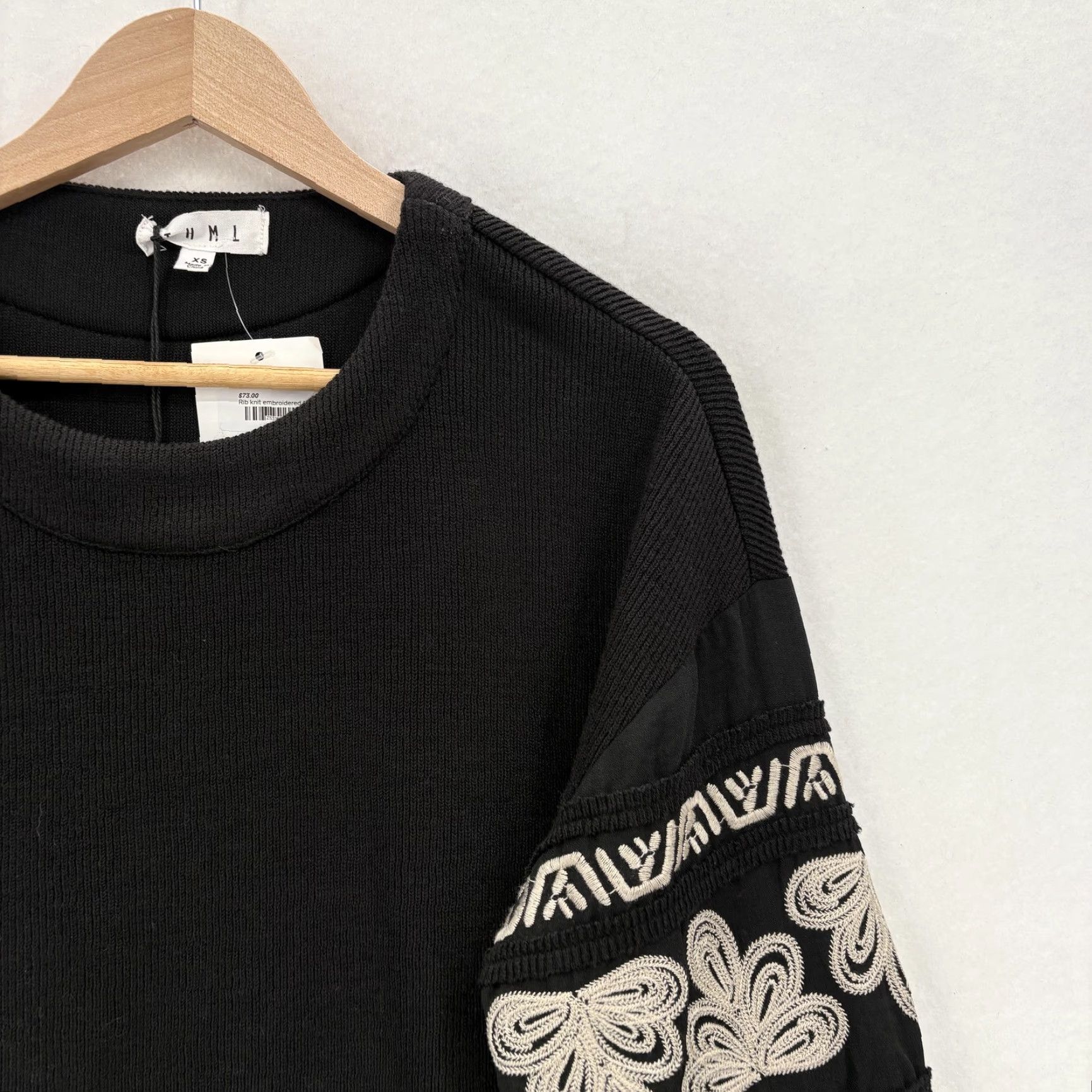 Vintage THML Blouse Womens XS Black Rib Knit Embroidered Balloon Sleeve Boho Paisley Top Size XS / US 0-2 / IT 36-38 - 2 Thumbnail