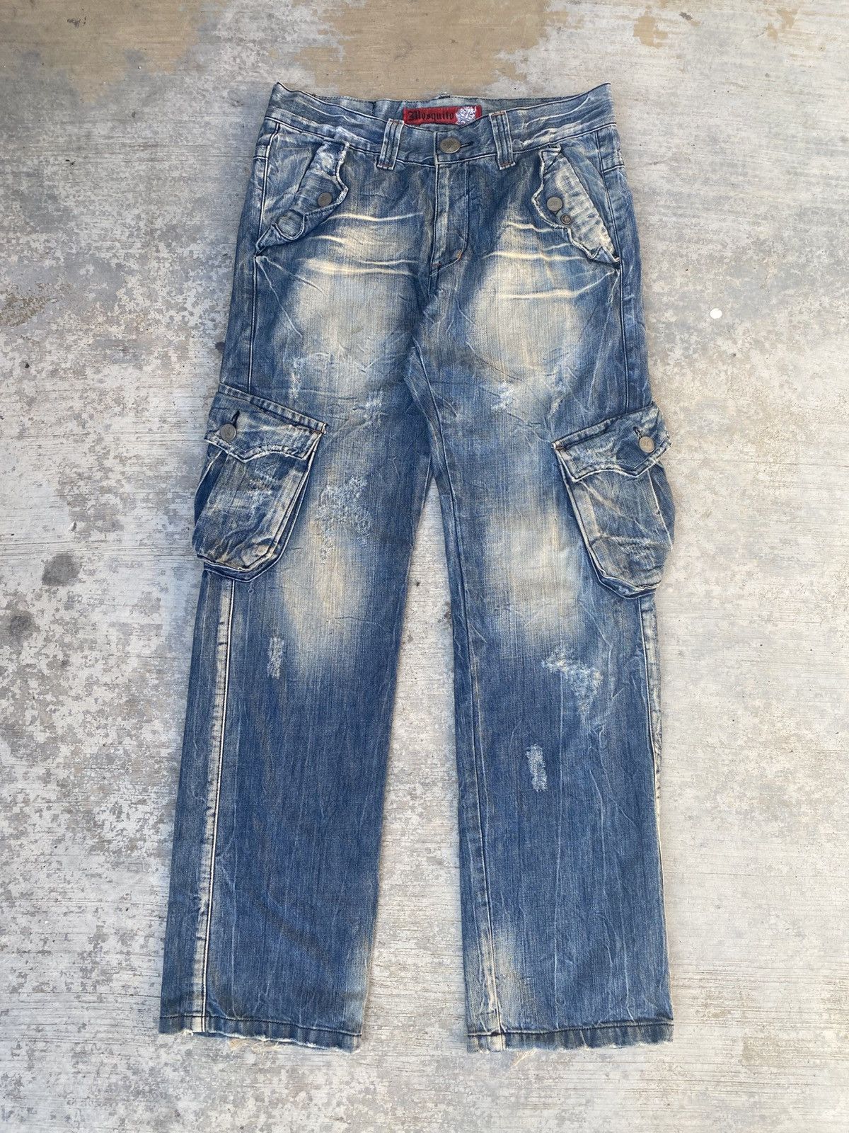 Japanese Brand Mosquito stone wash distressed cargo jeans Size US 32 / EU 48 - 1 Thumbnail