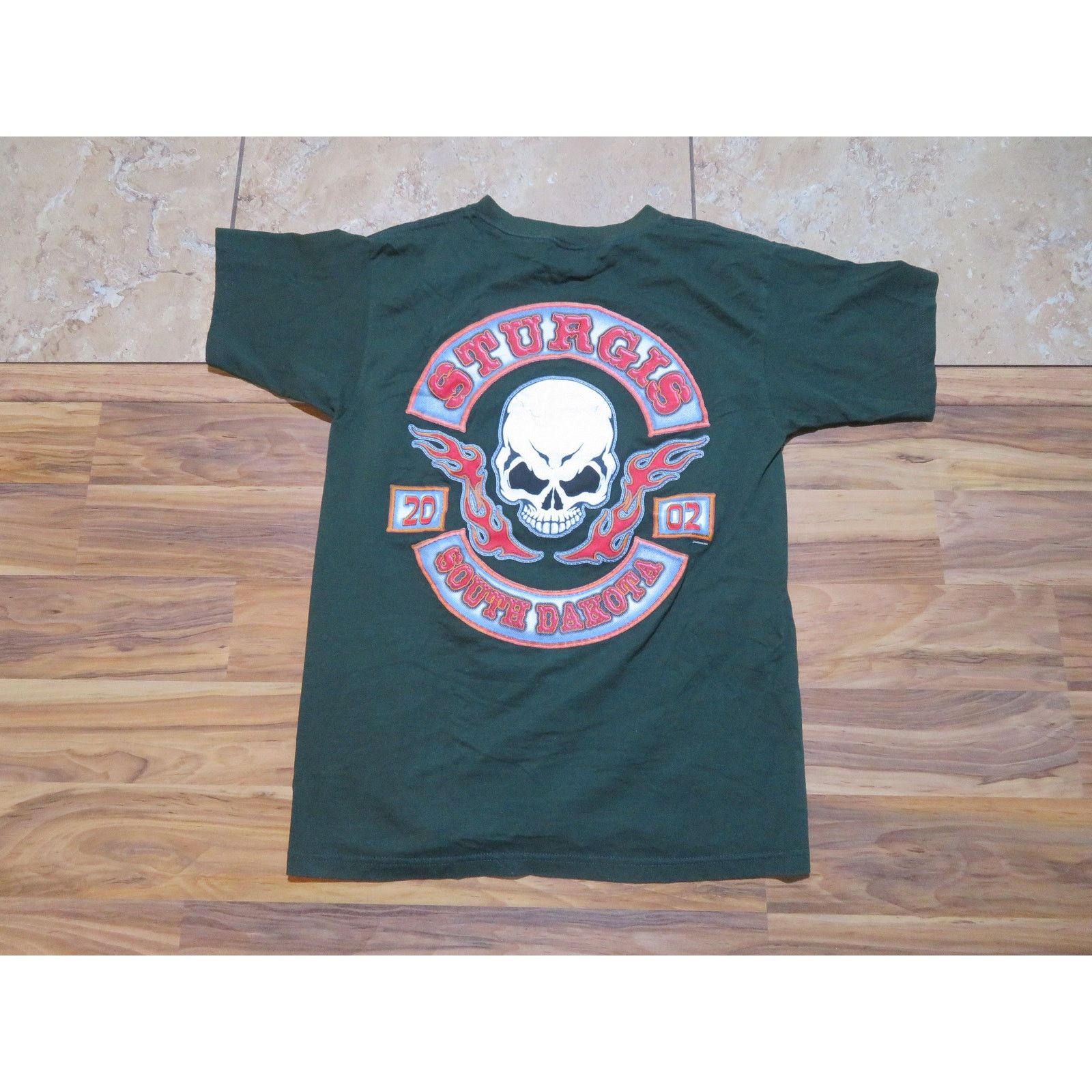 Fruit Of The Loom Sturgis Bike Rally 2002 Skull Double Sided Green Tshirt Sz M Size US M / EU 48-50 / 2 - 1 Thumbnail
