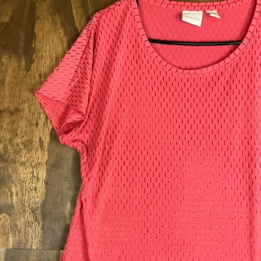 Vintage Chicos Women Blouse Coral Gold Beaded Short Sleeve Round Neck Stretch 1 (M) Size M / US 6-8 / IT 42-44 - 4 Thumbnail
