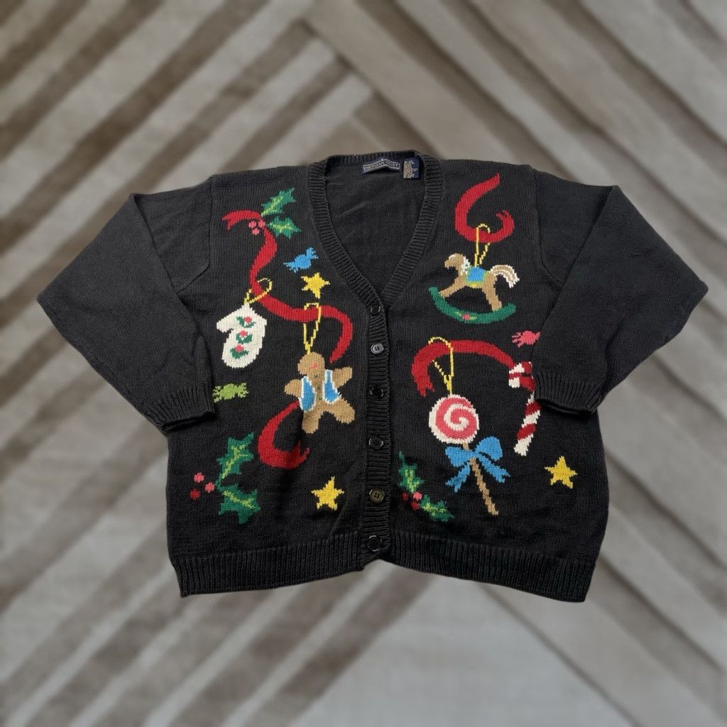 Vintage VINTAGE Herman Geist Black Christmas Knit Cardigan Sweater Womens Large L Cardigan Christmas Womens Size L / US 10 / IT 46 - 1 Thumbnail