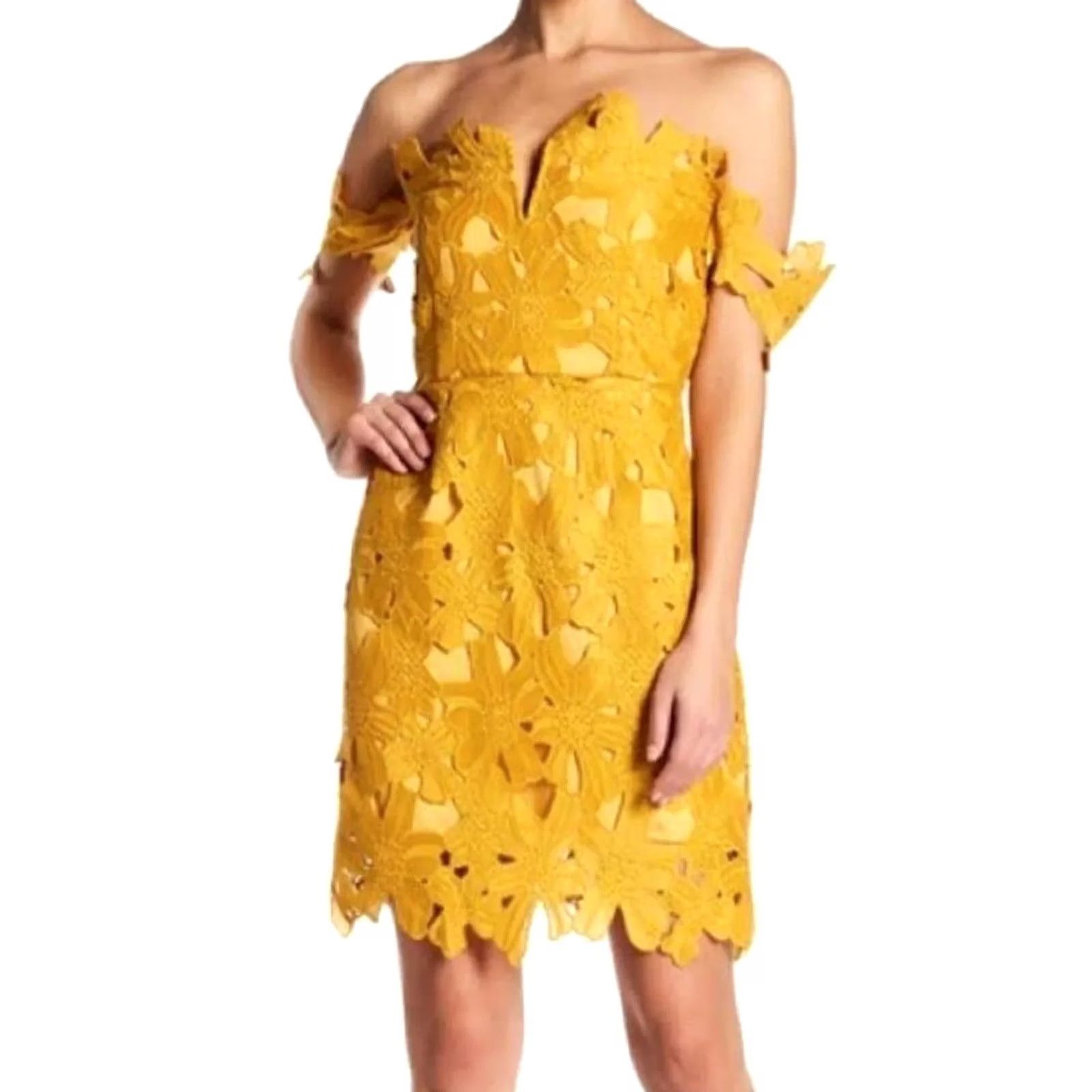 Vintage Few Moda Alison Off Shoulder Cocktail Dress Mustard Yellow Floral Women's M New NWT Size M / US 6-8 / IT 42-44 - 2 Thumbnail