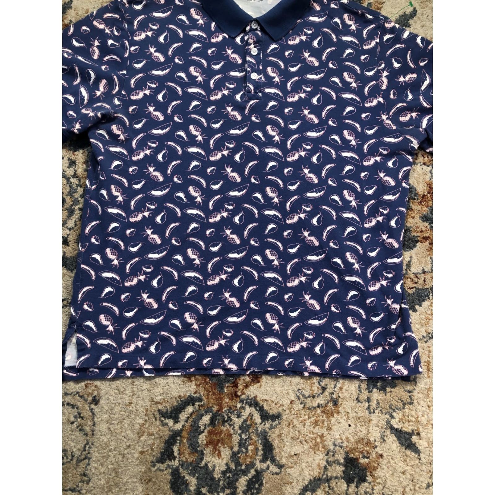 Bonobos Bonobos Polo Shirt Mens L Blue Tropical Fruit Print Short Sleeve Stretch Polo Shirt Casual Summer 98% Cotton 2% Spandex Regular Fit Graphic Print Size US L / EU 52-54 / 3 - 5 Thumbnail
