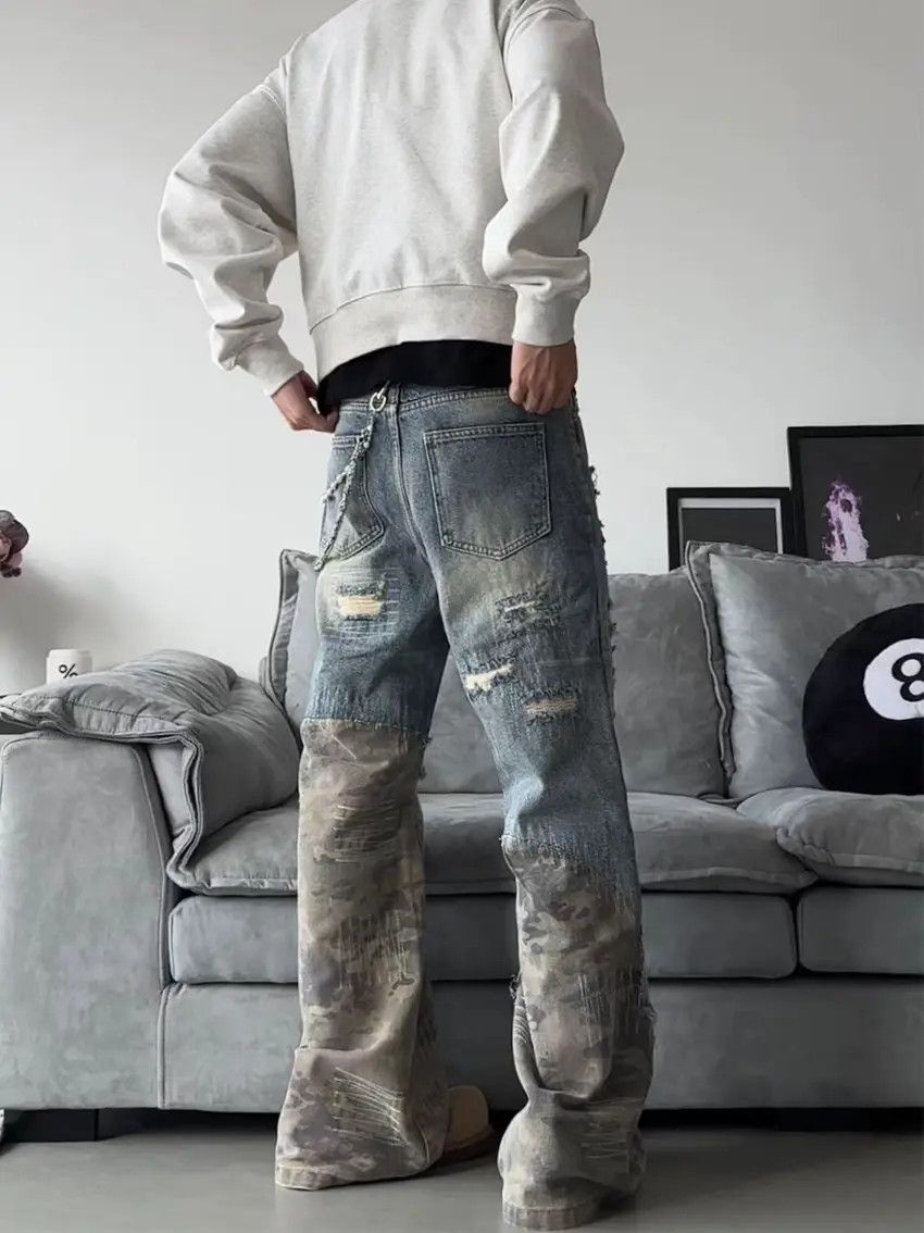 Designer × Japanese Brand Ripped Camouflage Spliced Denim Trousers Size US 31 - 4 Thumbnail