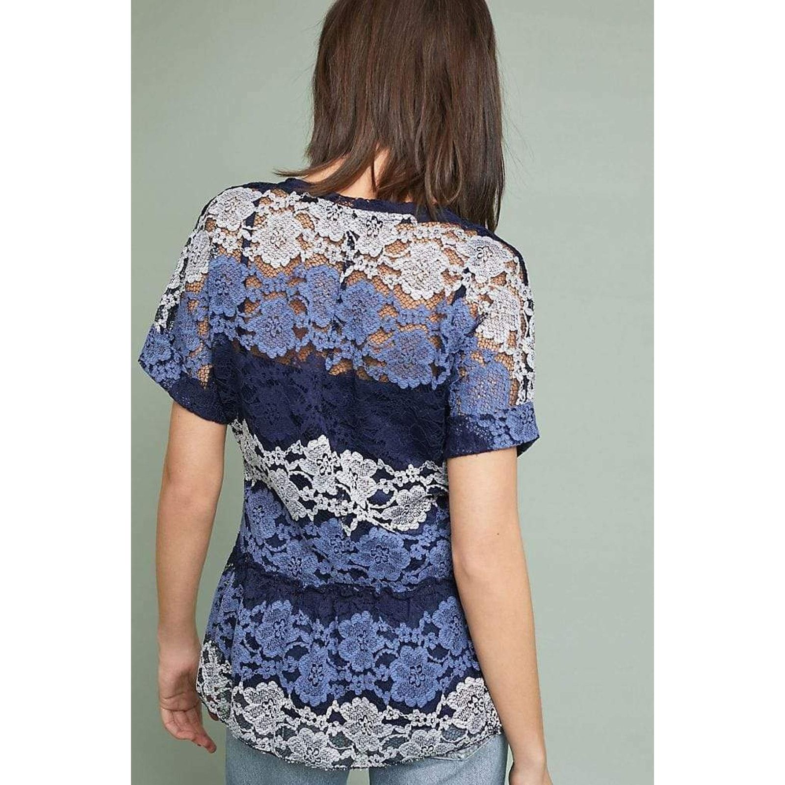 Eva Franco Eva Franco Floral Lace Peplum Top Blue Striped Sheer Small Size S / US 4 / IT 40 - 9 Thumbnail