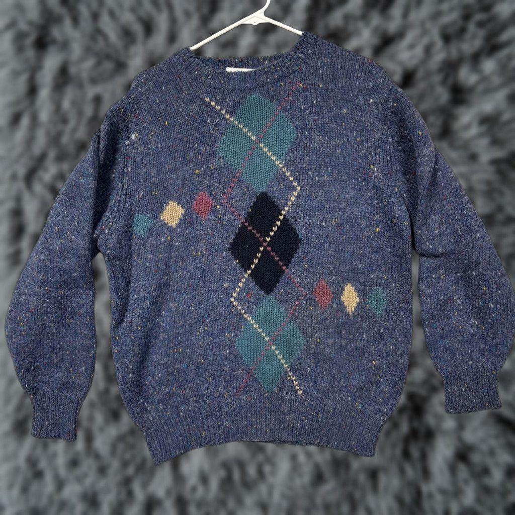 Vintage VINTAGE Brian MacNeil Sweater L Mens Crew Knit Argyle Diamond Blue Wool Mohair Acrylic Nylon Light Academia 80s 90s Size US L / EU 52-54 / 3 - 1 Thumbnail