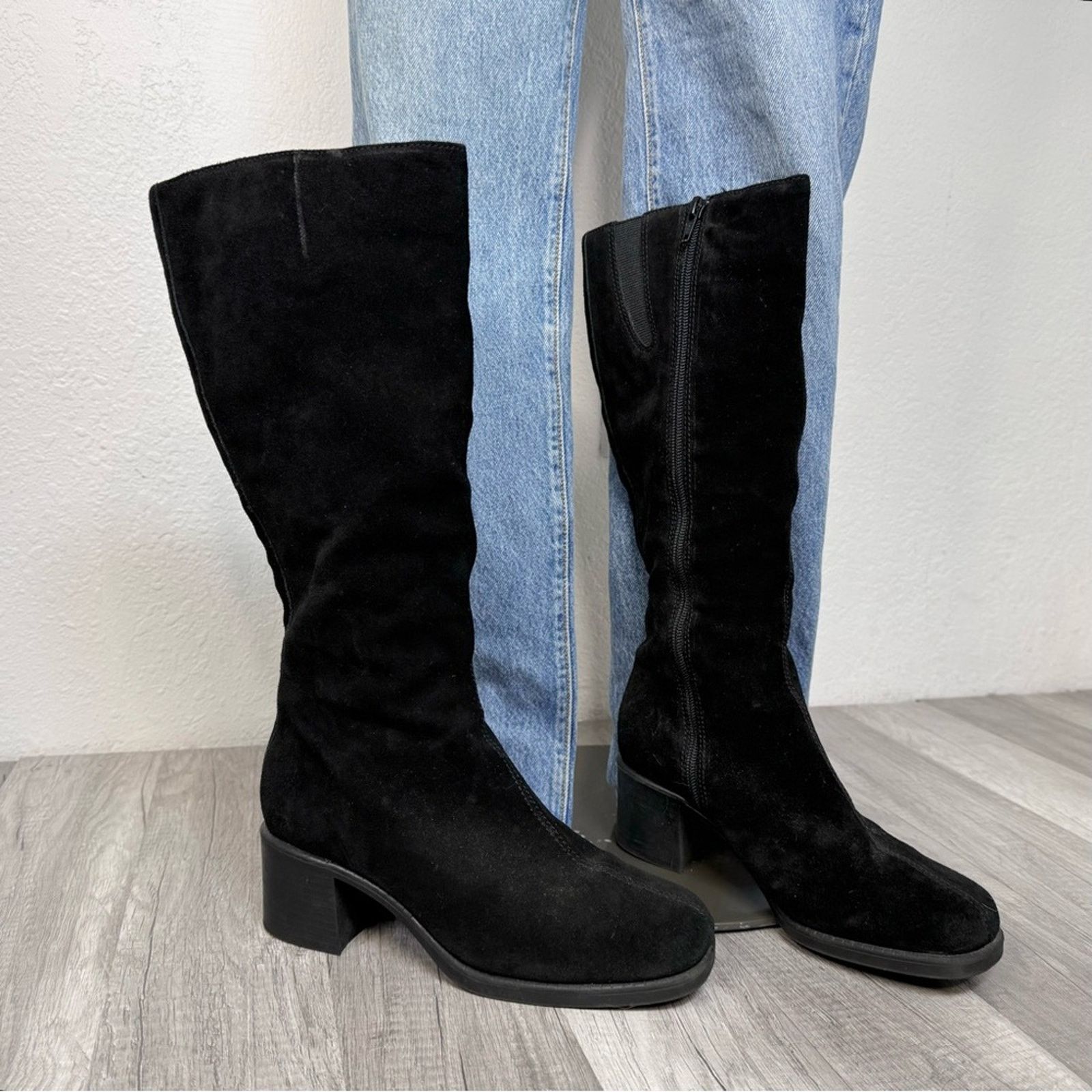 Vintage Bernardo Black Suede Knee High Boots Y2K Block Heel 6 1/2 Size US 6.5 / IT 36.5 - 1 Thumbnail