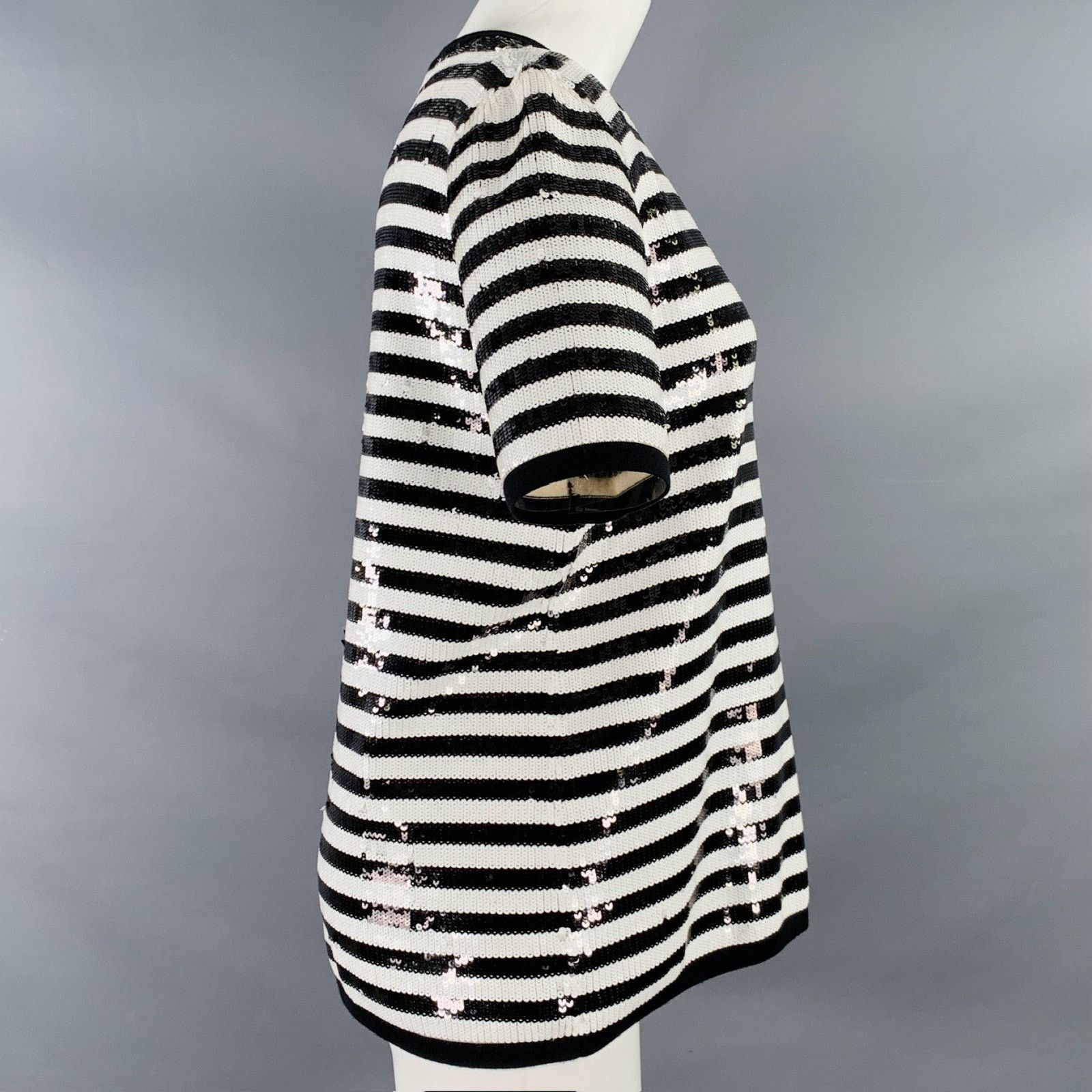 Michael Kors MICHAEL KORS Black White Merino Wool Sequined Stripe T-Shirt Size S / US 4 / IT 40 - 2 Thumbnail