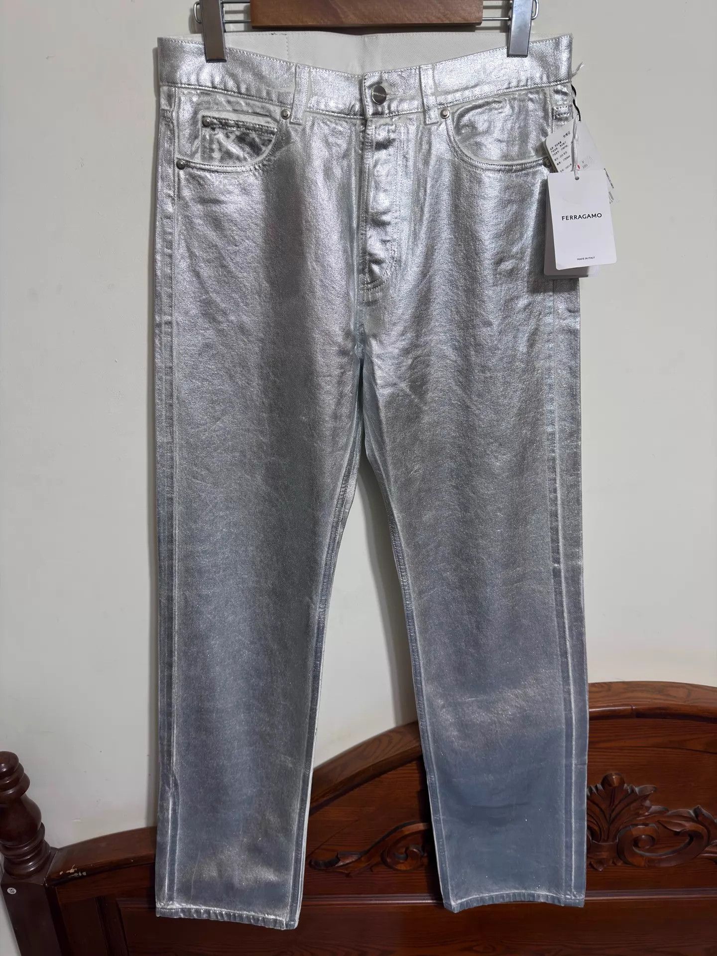 Salvatore Ferragamo SF Coated Silver High-Waist Straight Leg Jeans 48-50 Size US 32 / EU 48 - 1 Thumbnail