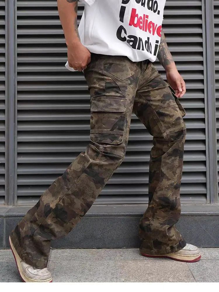 image of Vintage Multi-Pocket Hip-Hop Washed High-Waisted Casual Pant in Camouflage, Men's (Size 28)