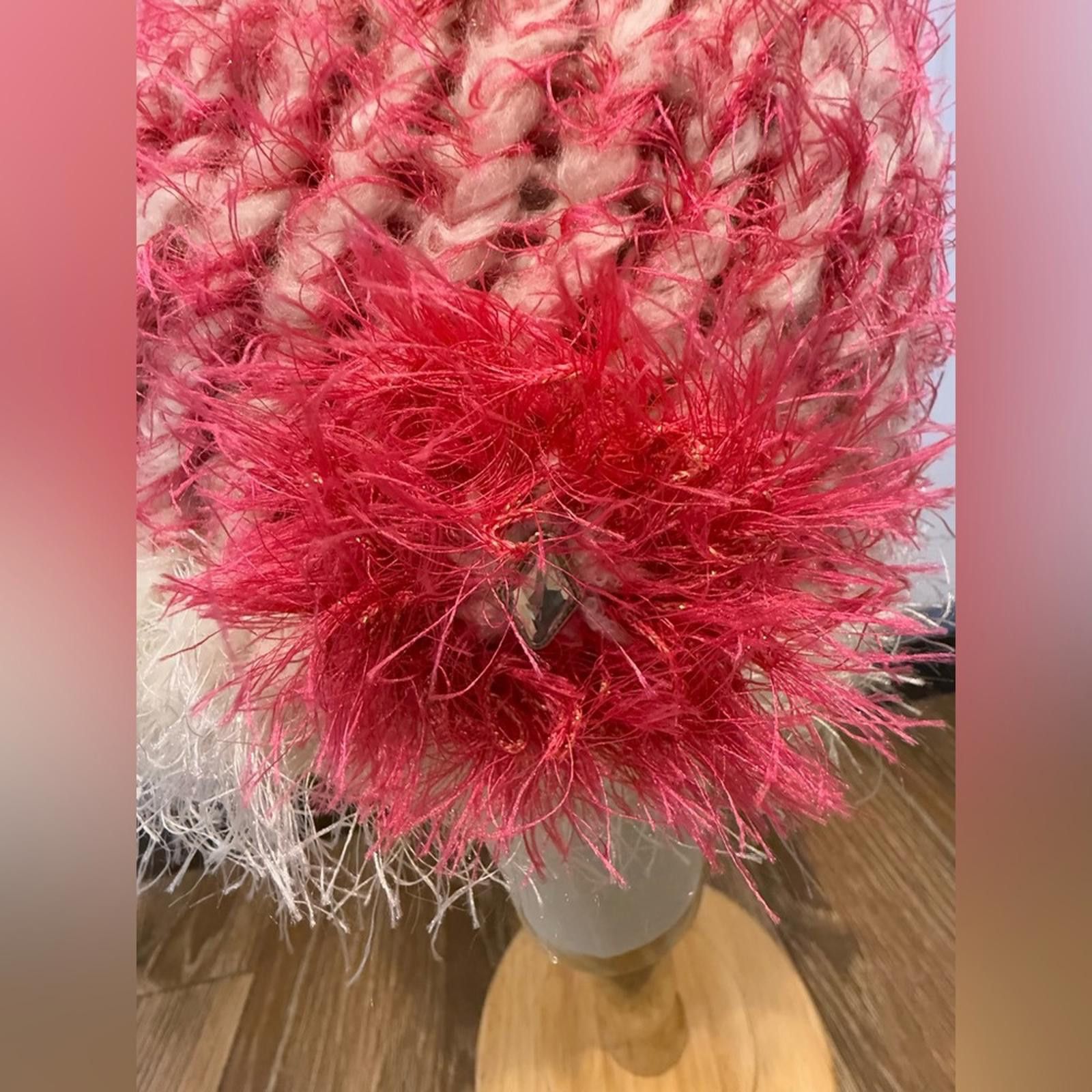 Other Pink & white metallic plush fringe knit winter beanie hat OS Size ONE SIZE - 2 Thumbnail