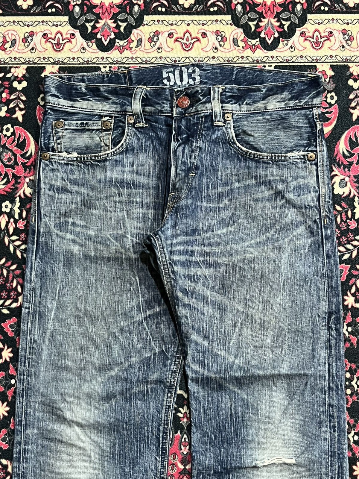 Edwin Edwin 503 Blue Trip Blue Faded Washed Ripped Flare Jeans Size US 32 / EU 48 - 4 Thumbnail
