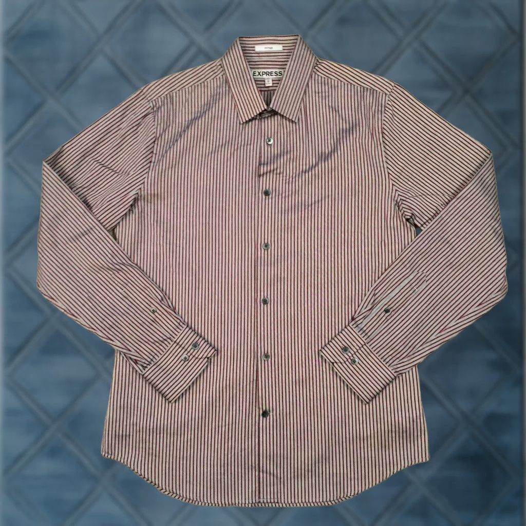 Express Express Shirt Mens Medium Gray Red Striped Long Sleeve Button Up Fitted Size US M / EU 48-50 / 2 - 1 Thumbnail