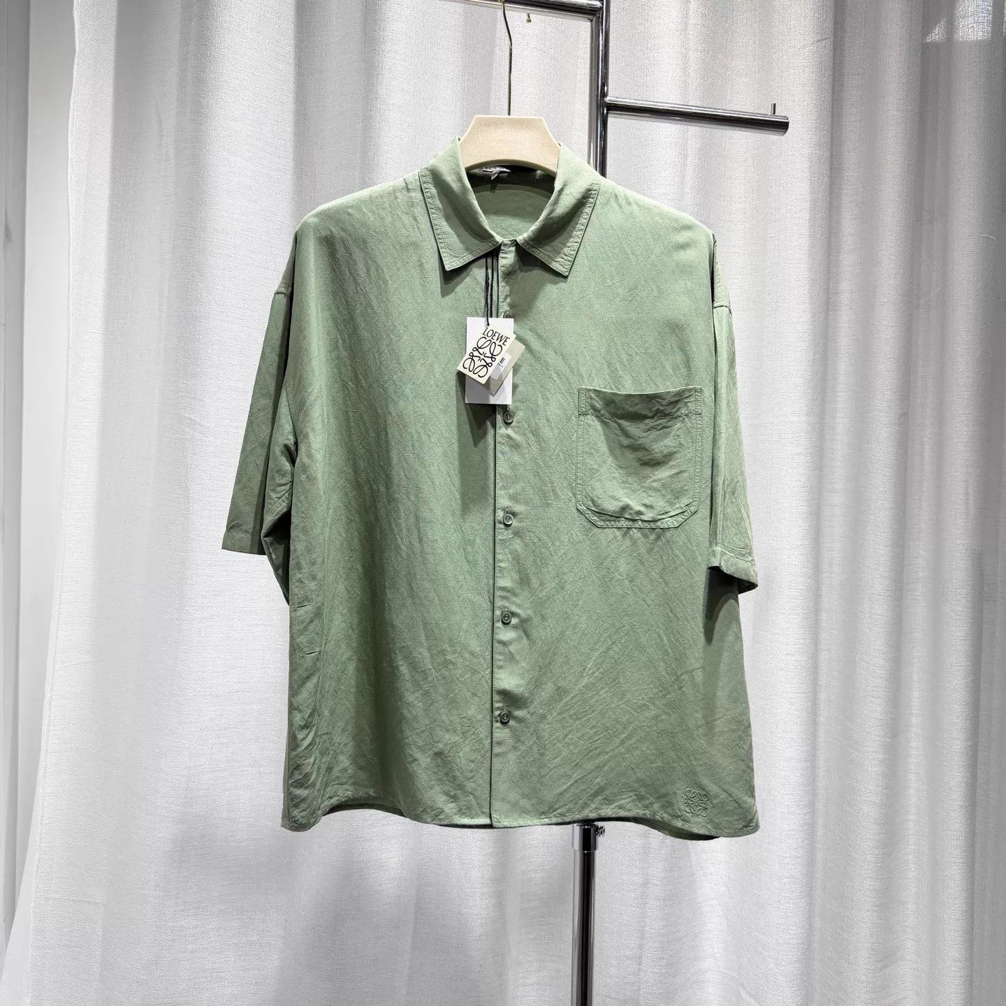 Loewe Loewe SS24 Green Linen-Silk Short Sleeve Shirt 37, Embr Logo Size US XS / EU 42 / 0 - 1 Thumbnail