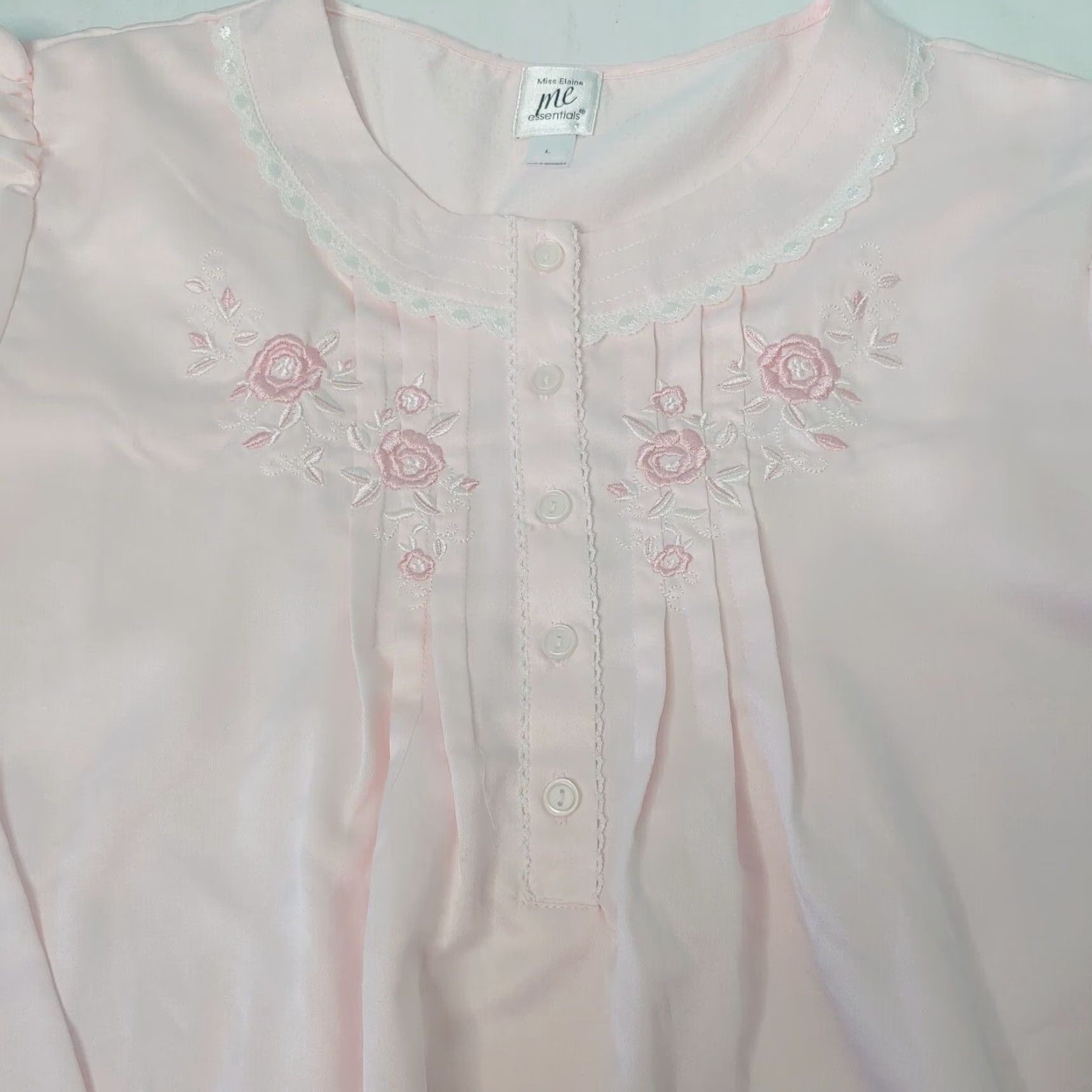 Vintage Miss Elaine Gown Womens Large Nightgown Long Sleeve Lace Floral Fuzzy Inside Blue EUC Size L / US 10 / IT 46 - 2 Thumbnail