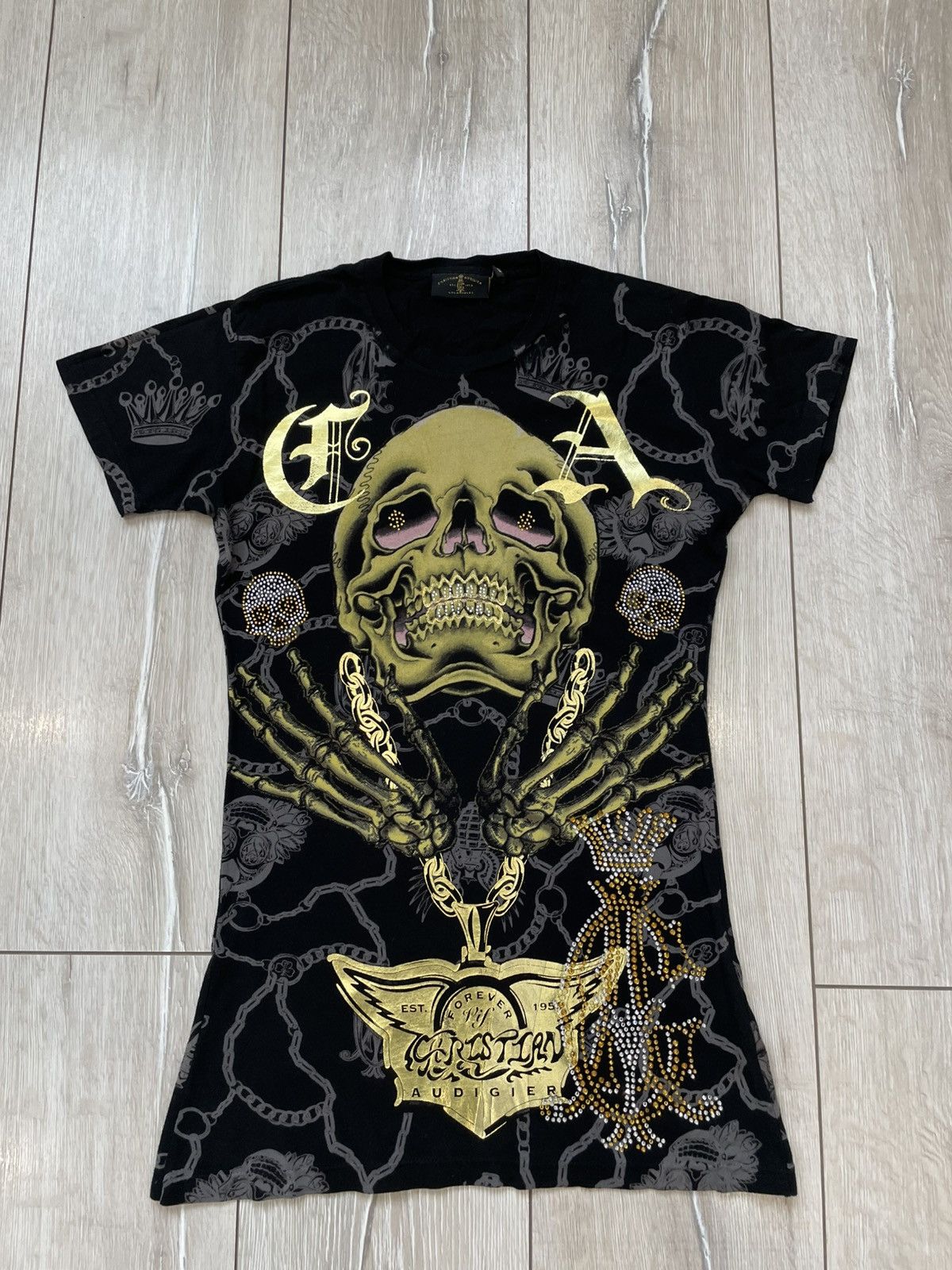 Christian Audigier Christian Audigier Shirt Black All Over Print Gold Skull Size S / US 4 / IT 40 - 1 Thumbnail