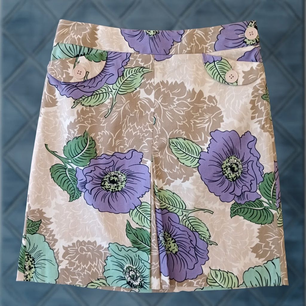 Ann Taylor Ann Taylor Skirt Short Gray Purple Floral Side Zip Pleated Cotton Blend Size 2 Womens Pencil Size 26" / US 2 / IT 38 - 1 Thumbnail
