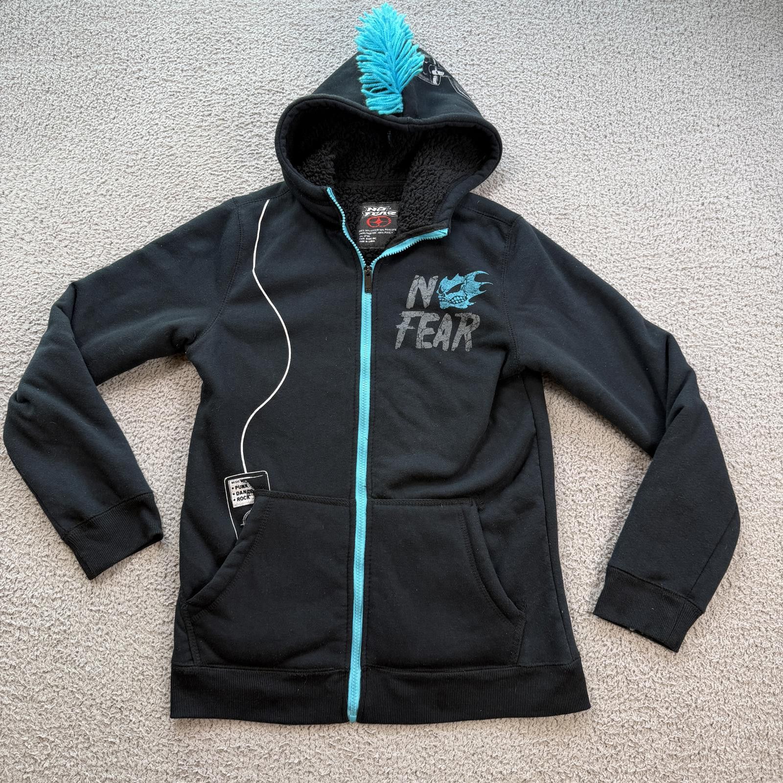 No Fear Skull Zip Up Hoodie Sherpa Lined Black Mohawk Hood