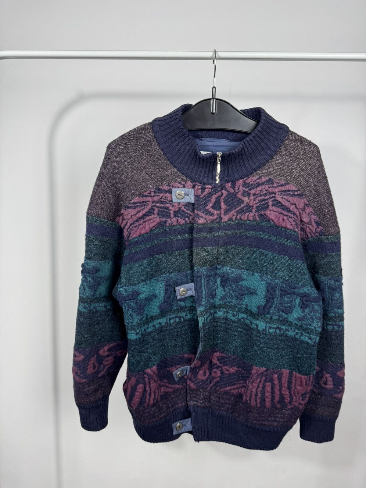 Other Vintage Abstract Pattern Knit Bomber Jacket Wool Blend 50 Size US XL / EU 56 / 4 - 2 Thumbnail