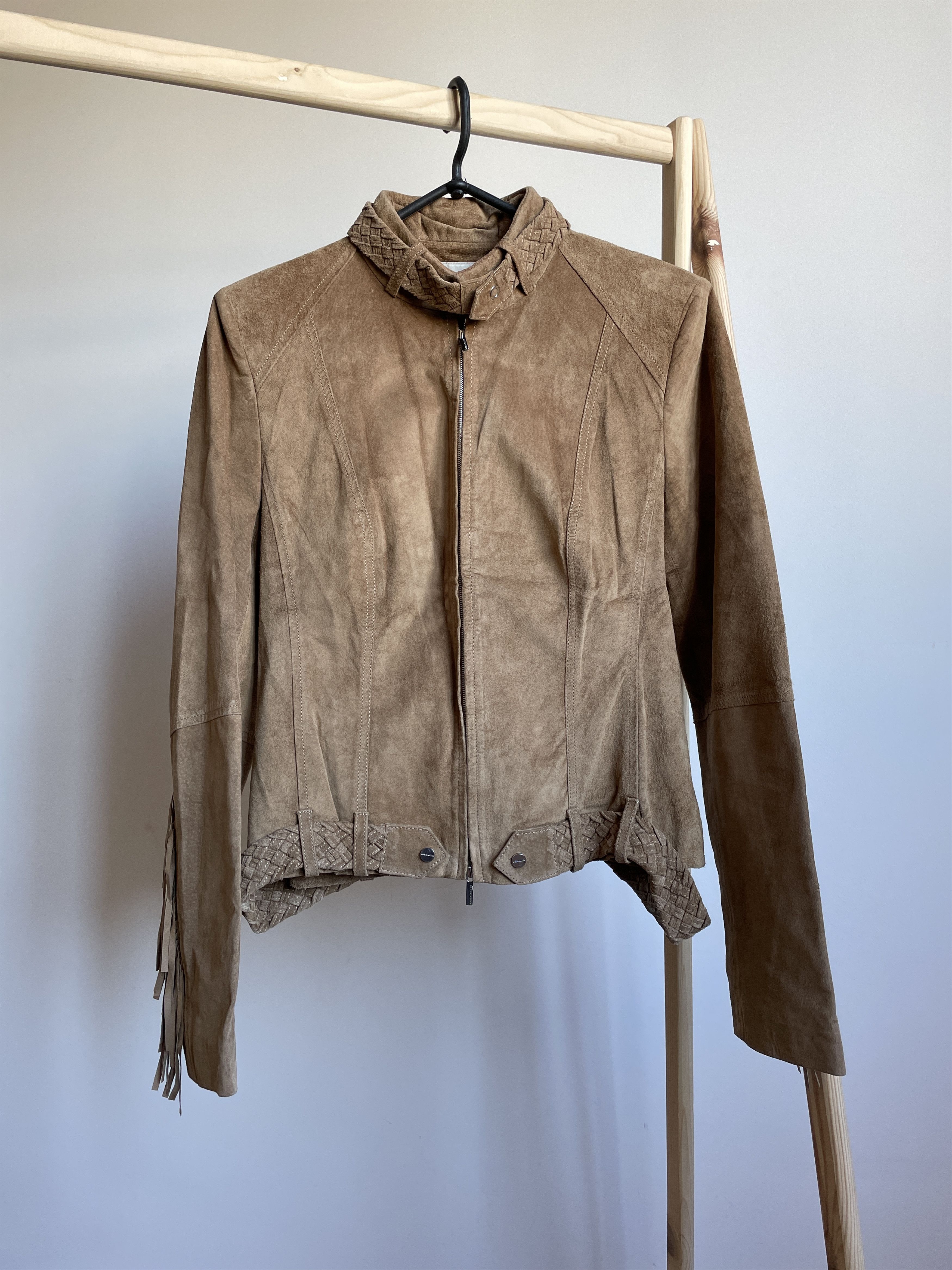 image of Karen Millen Womens Suede Leather Western Fringes Jacket in Brown (Size Large)