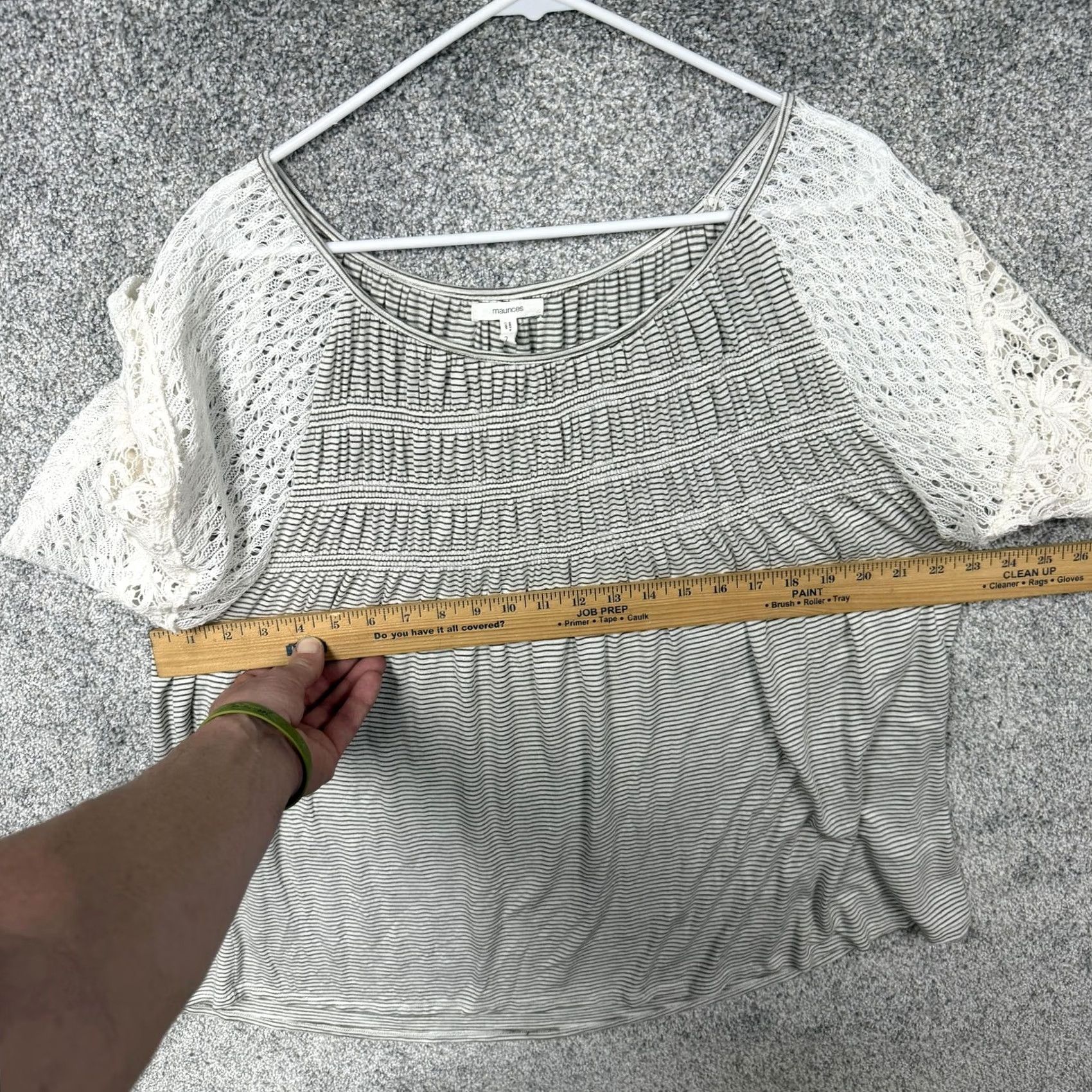 Vintage Maurices Tunic Blouse Plus 2 Gray Stripe Flutter Sleeve Crochet Scoop Neck Bohemian Casual All Seasons Women Shirts Size XS / US 0-2 / IT 36-38 - 4 Thumbnail
