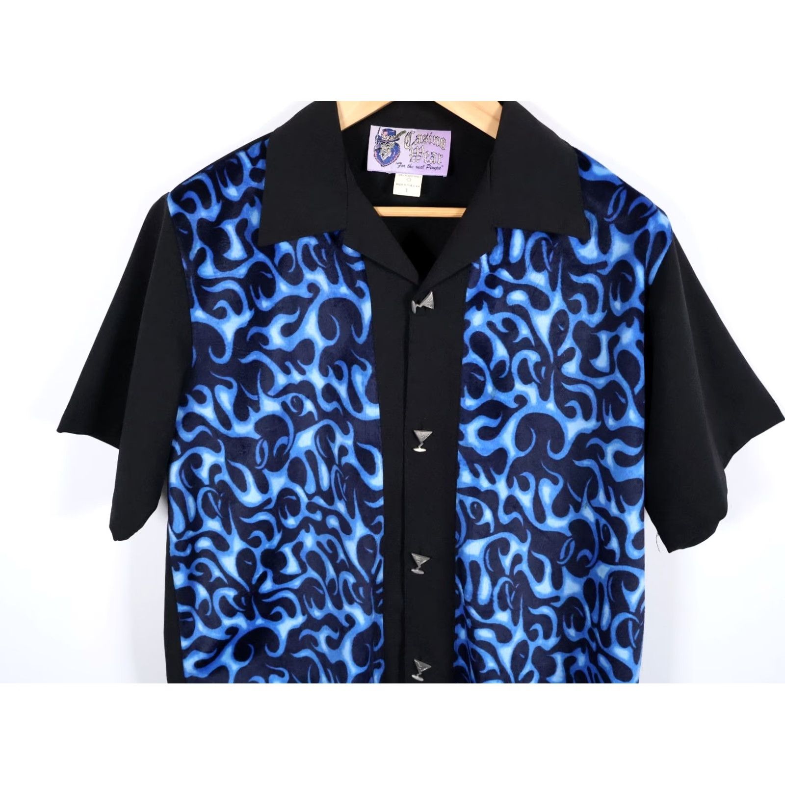 Velour VINTAGE Casino Wear Shirt Men's Large Black Blue Flame Velour Martini Buttons VTG Size US L / EU 52-54 / 3 - 4 Thumbnail