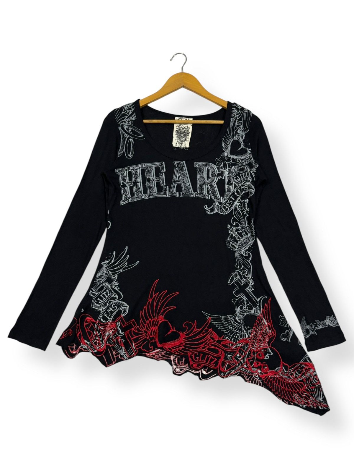 If Six Was Nine Glitz Red Embroidery Asymmetrical Hem Punk Long Sleeve Tees Size US XS / EU 42 / 0 - 3 Thumbnail
