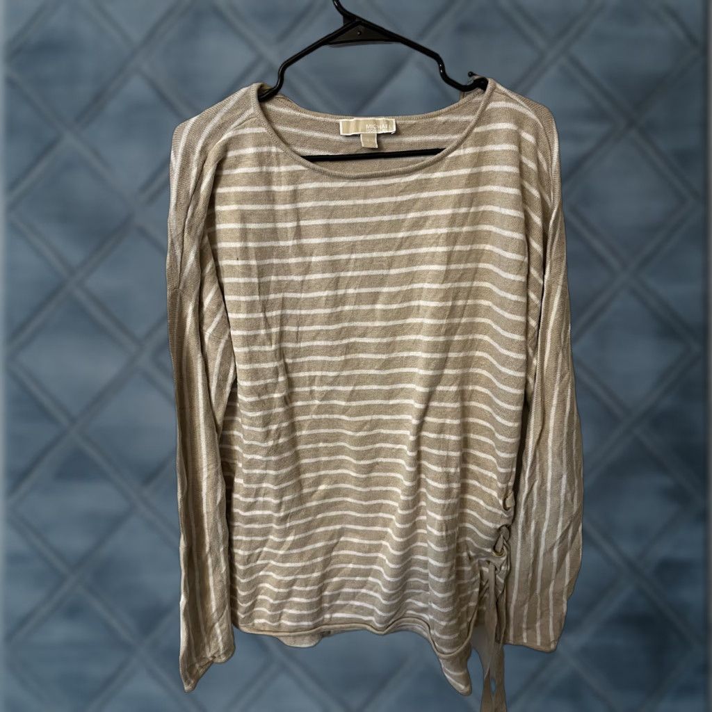 Michael Kors Michael Kors Women's Large Tan White Striped Pullover Sweater with Side Ties, Casual Knit, 3/4 Sleeve, Relaxed Fit, Classic Marine Theme Size L / US 10 / IT 46 - 1 Thumbnail