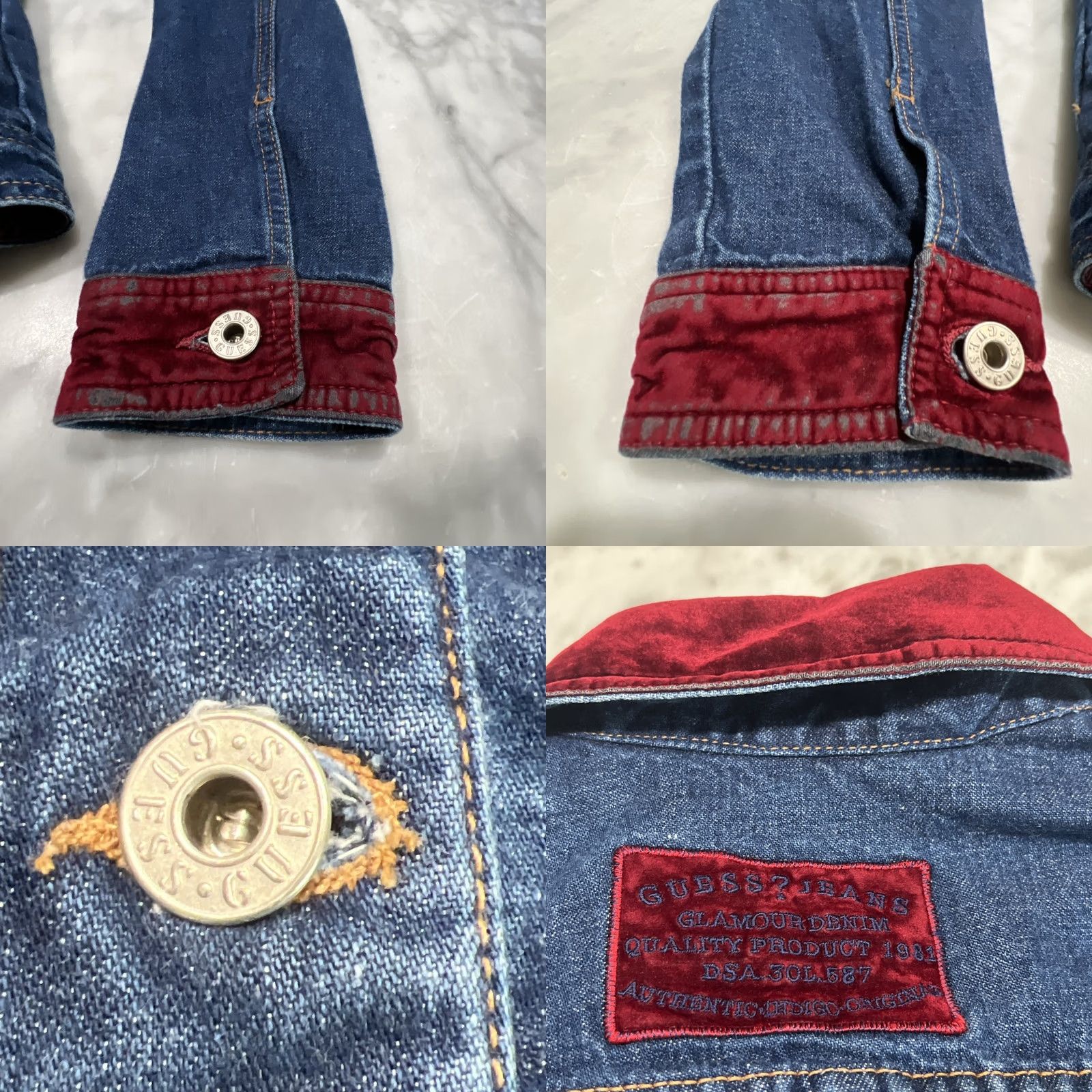 Guess VINTAGE Guess Glamour Denim Jacket Medium Red Velvet Trim Trucker USA Shirt Women's M 90s Biker Pockets Size M / US 6-8 / IT 42-44 - 8 Thumbnail