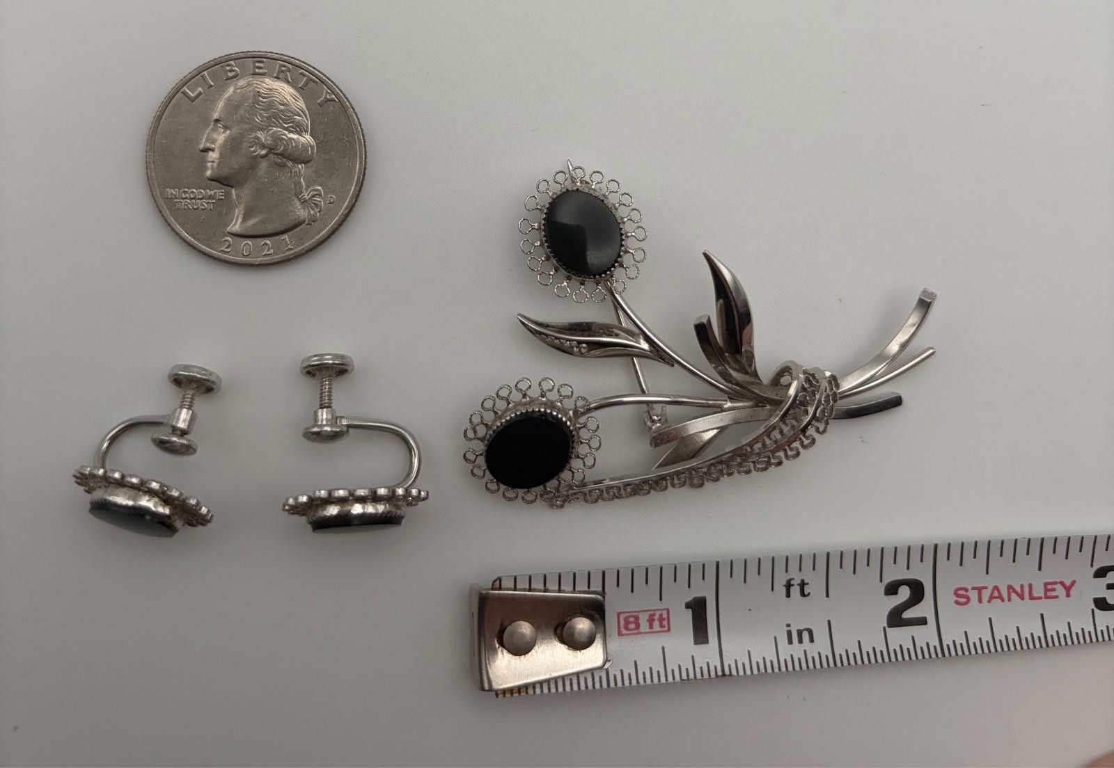 Other Star Art 925 Silver Black Onyx Brooch & Screwback Earrings Size ONE SIZE - 4 Thumbnail