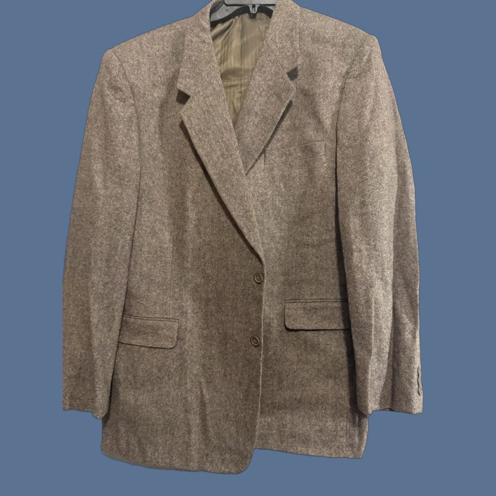 Vintage VINTAGE Monsieur Adolfo Blazer Sport Coat Mens 48L Brown Polyester Tweed Long Jacket Size 48R - 1 Thumbnail