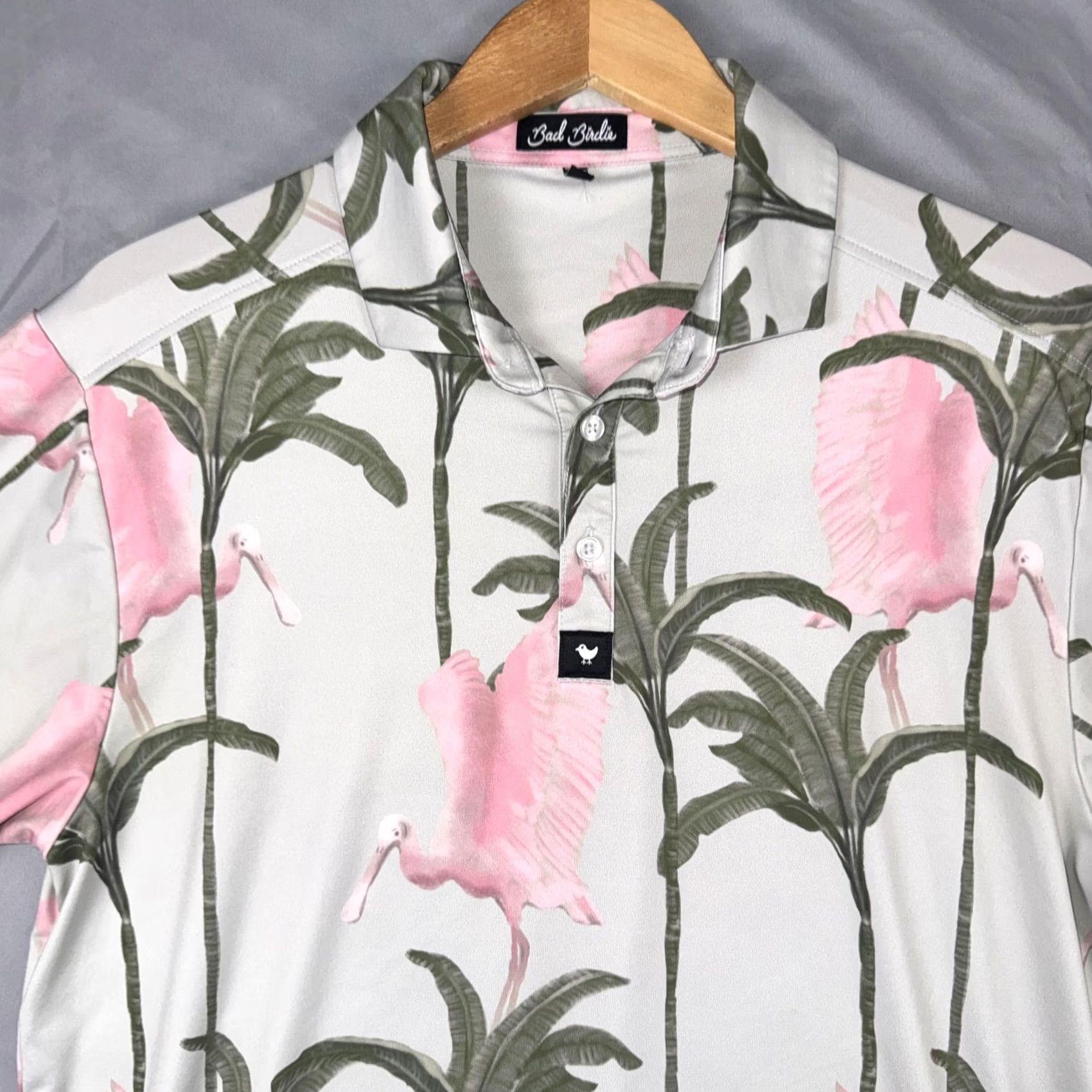 Vintage Bad Birdie Polo Shirt Mens L Flamingo Palm Print Tropical Golf Performance Shirt Size US L / EU 52-54 / 3 - 4 Thumbnail