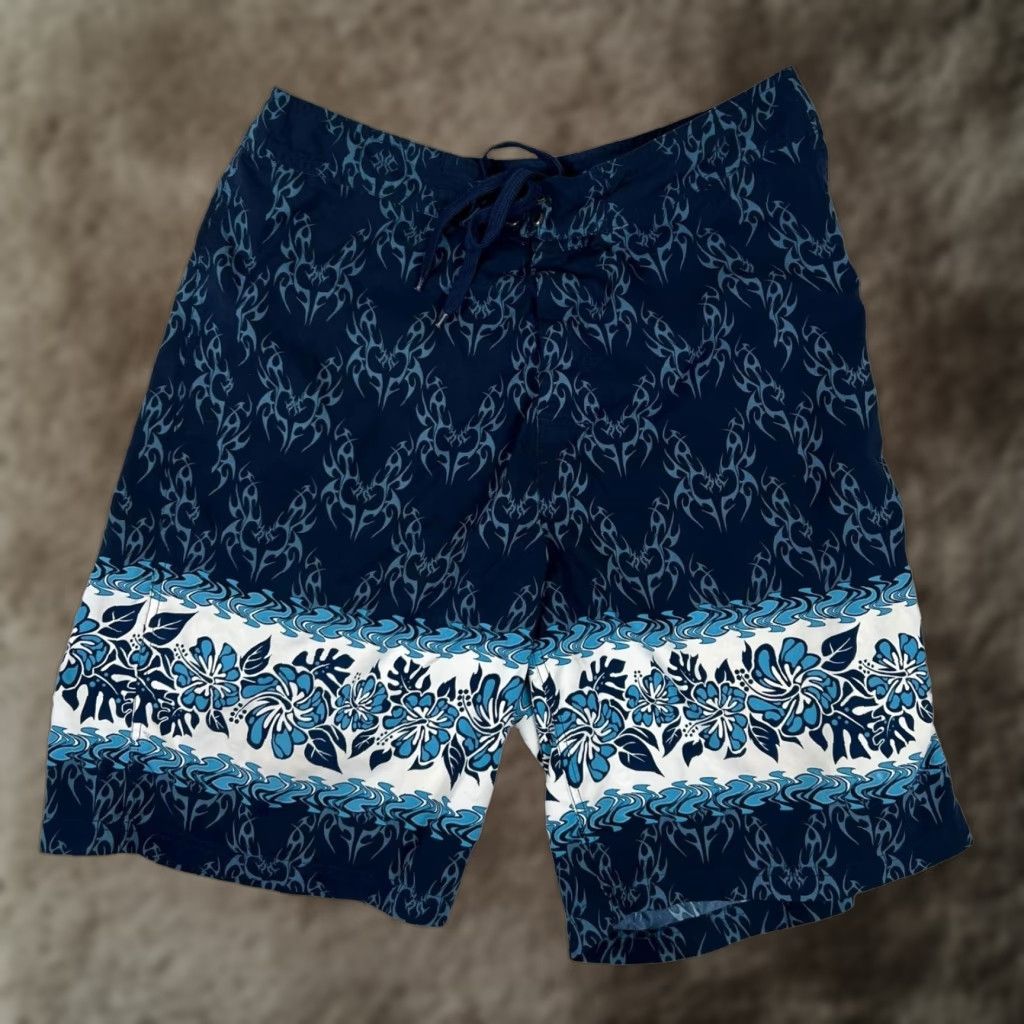 Sideout VTG Sideout Board Shorts Mens L Blue Tribal Hawaiian Floral Surf Trunks Y2K Size US 33 - 1 Thumbnail