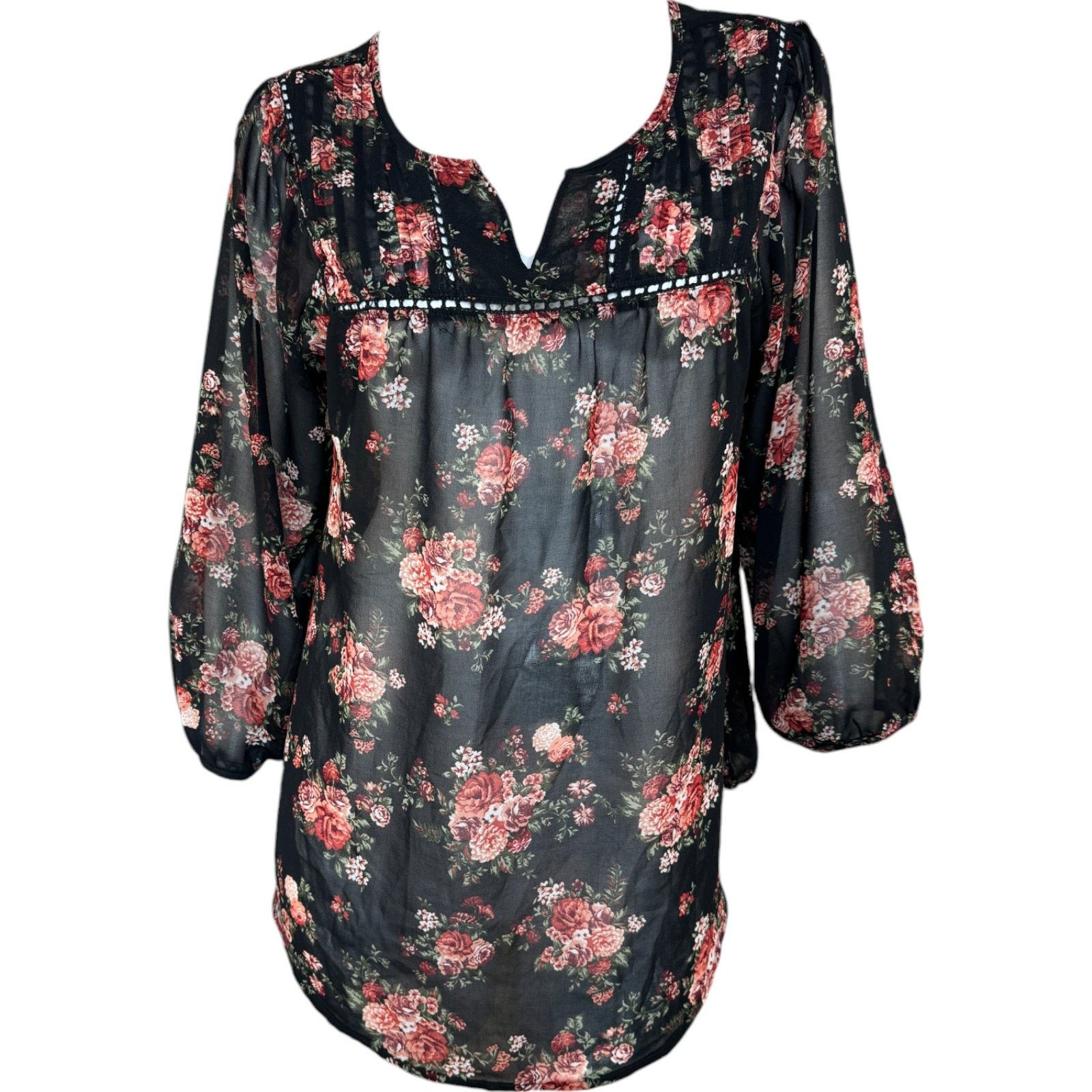 Other Mine Women Large Black Floral Sheer 3/4 Length Sleeve Blouse Size L / US 10 / IT 46 - 12 Thumbnail