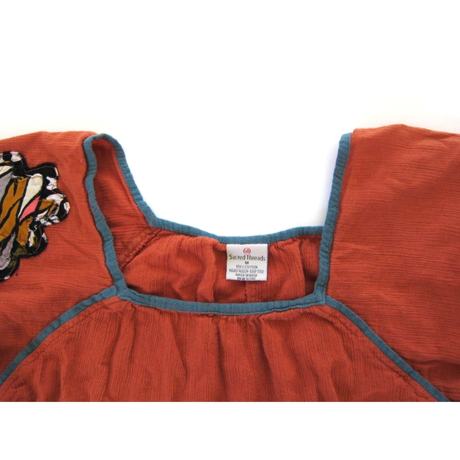 Vintage Sacred Threads Blouse Shirt 100% Cotton Orange Embroidered Floral Short Sleeve Tunic M Women Size M / US 6-8 / IT 42-44 - 7 Thumbnail