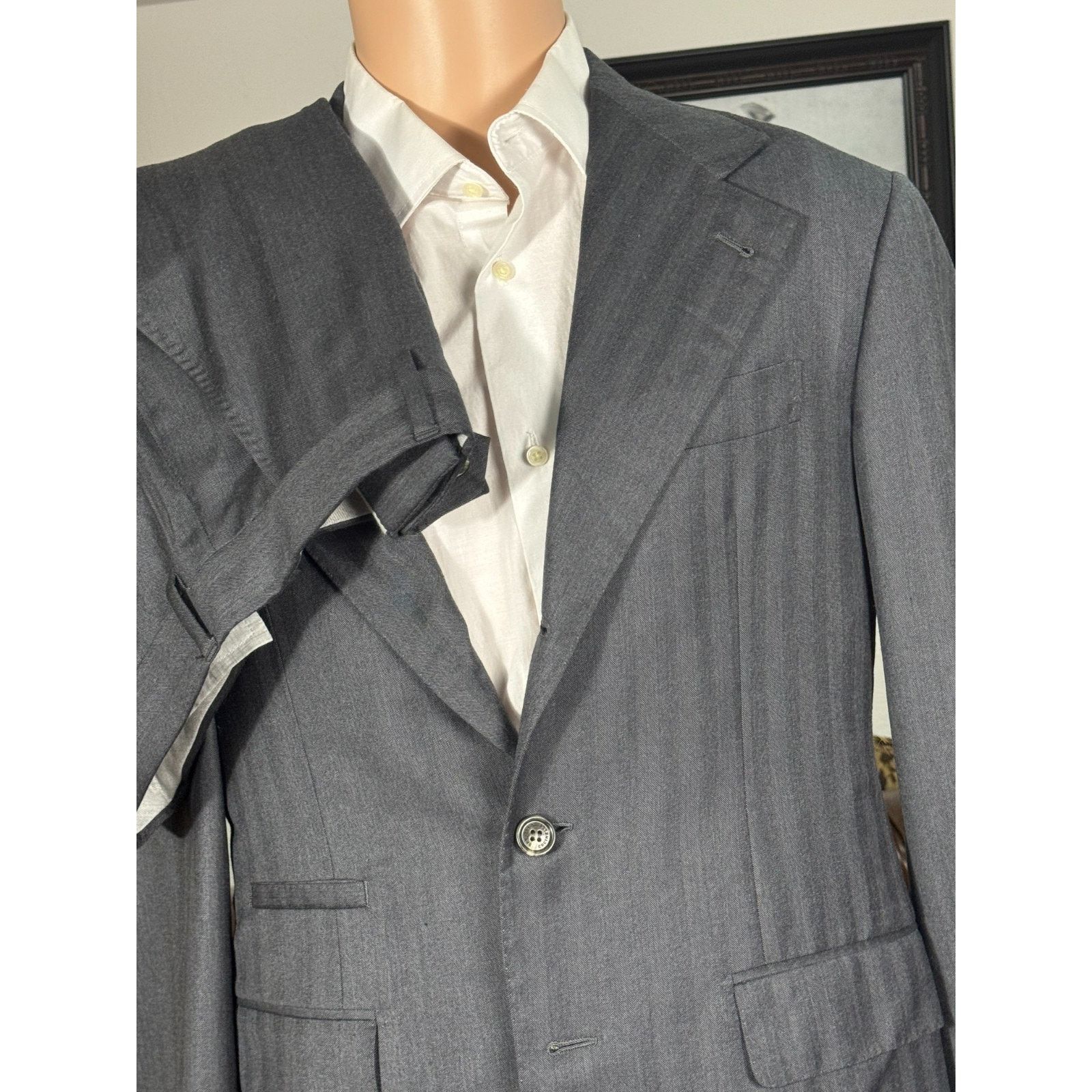 Brunello Cucinelli Brunello Cucinelli Charcoal Herringbone Suit 50EU 40R 34x28 Size 40R - 15 Thumbnail