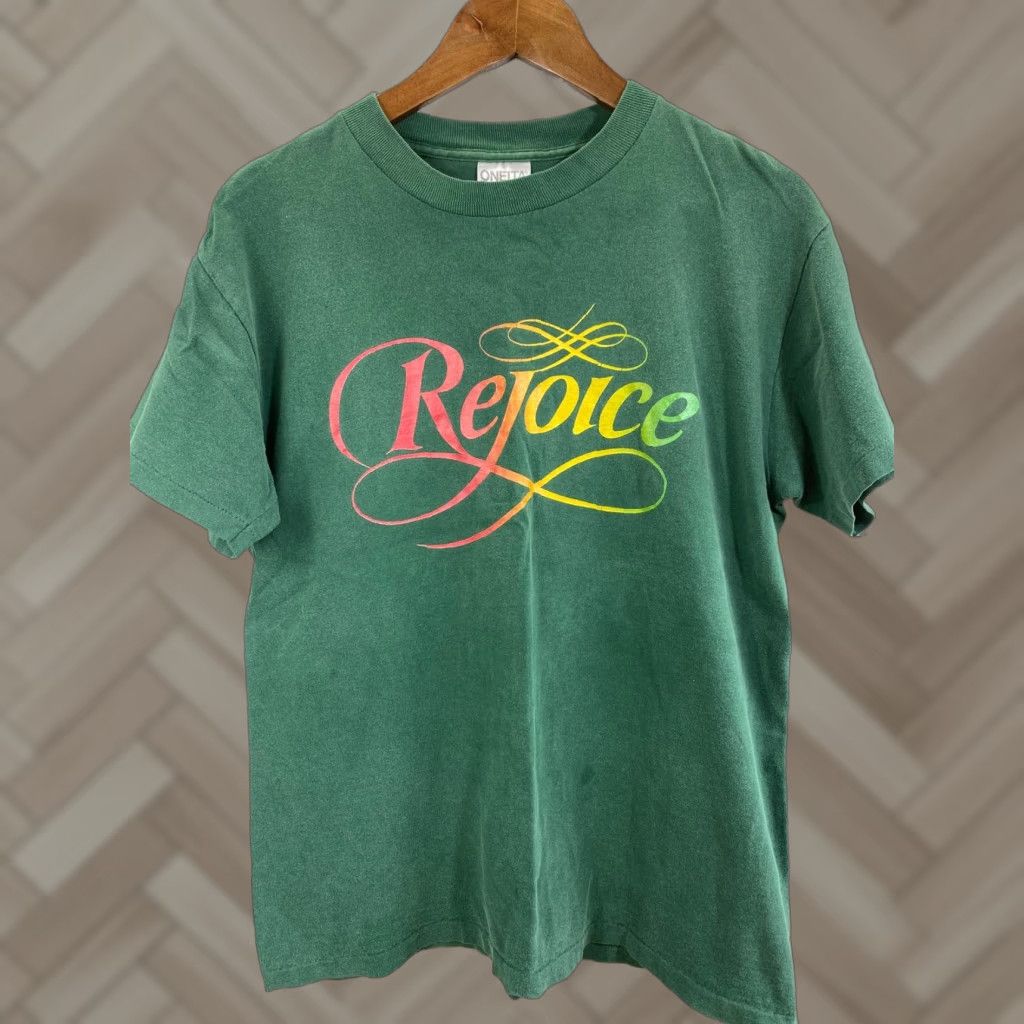 Vintage VINTAGE Oneita Power-T Shirt Green Rejoice Short Sleeve M Unisex Cotton 1990s Graphic Tee Mens Womens Size US M / EU 48-50 / 2 - 1 Thumbnail