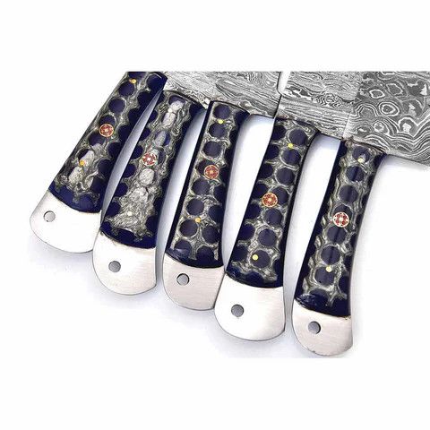 Other Damascus Kitchen Knives Set of 5 with Resin Blue Handles Size ONE SIZE - 5 Thumbnail