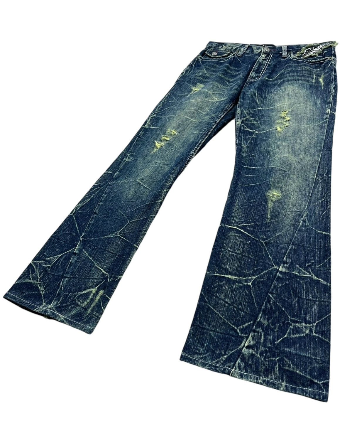 Japanese Brand 🔥NYLAUS Embroidery Winged Studded Long Flap Mudwash FLARE Size US 31 - 6 Thumbnail