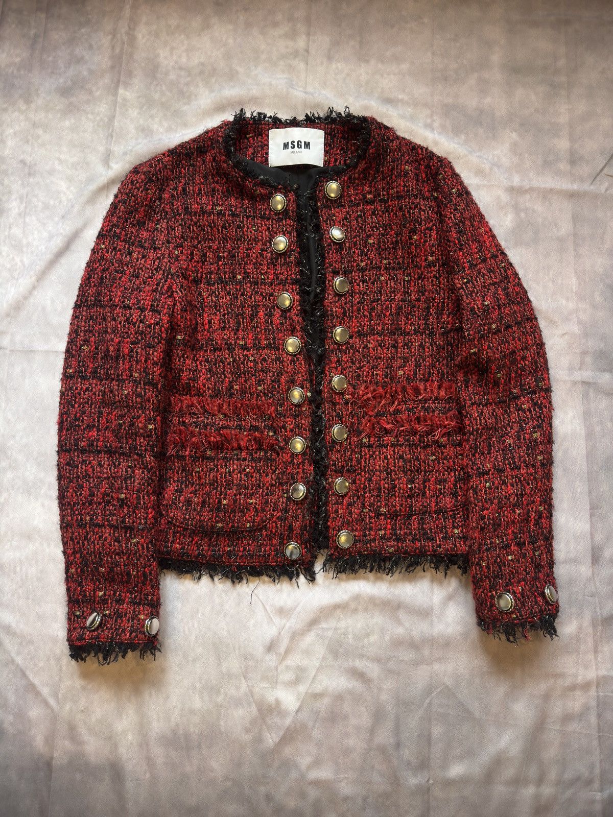 MSGM MSGM Red Tweed Fringed Jacket / Boucle Blazer with Buttons Size XL / US 12-14 / IT 48-50 - 1 Thumbnail
