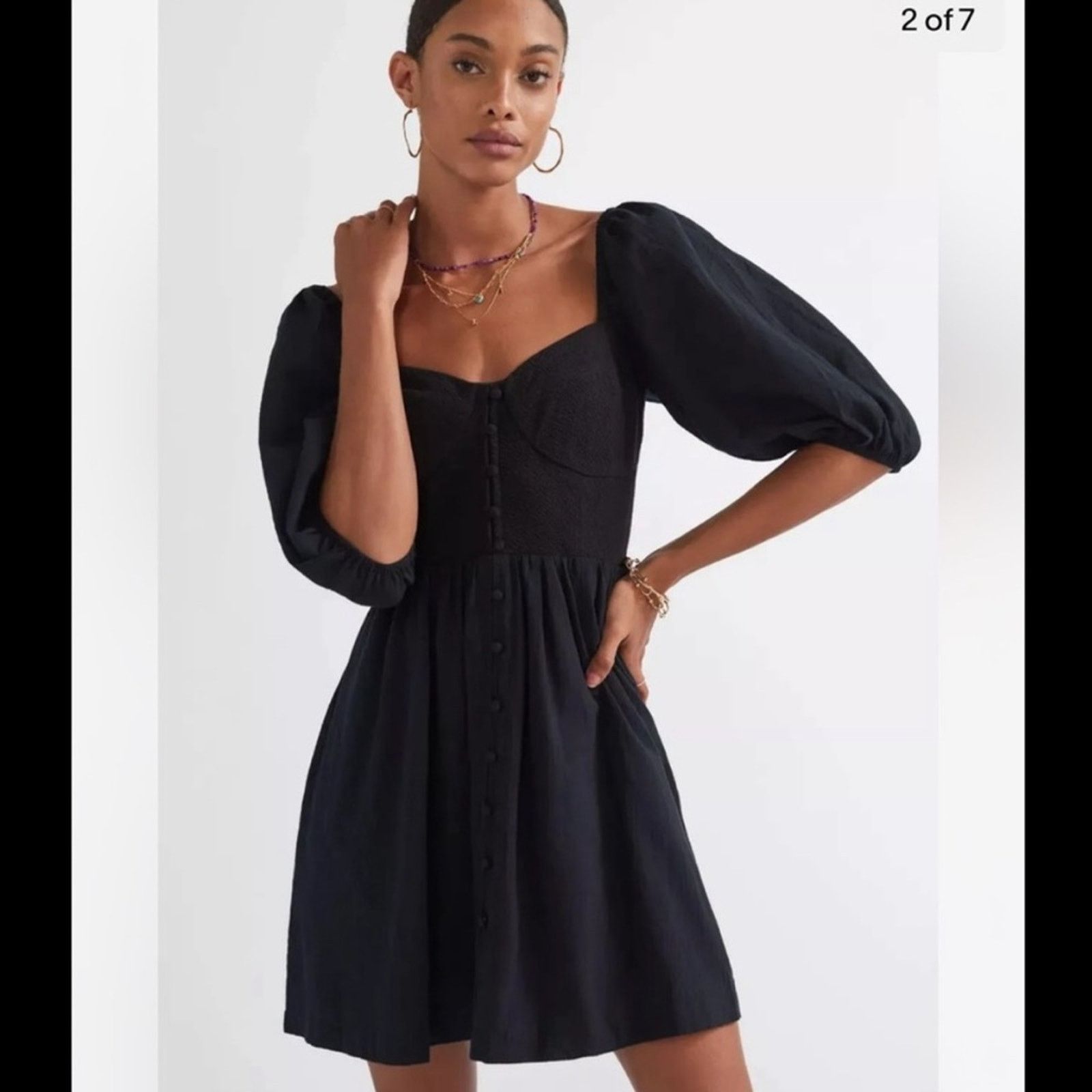 Anthropologie Anthropologie Maeve Puff Sleeve Black Mini Dress Size L NWT Size L / US 10 / IT 46 - 1 Thumbnail
