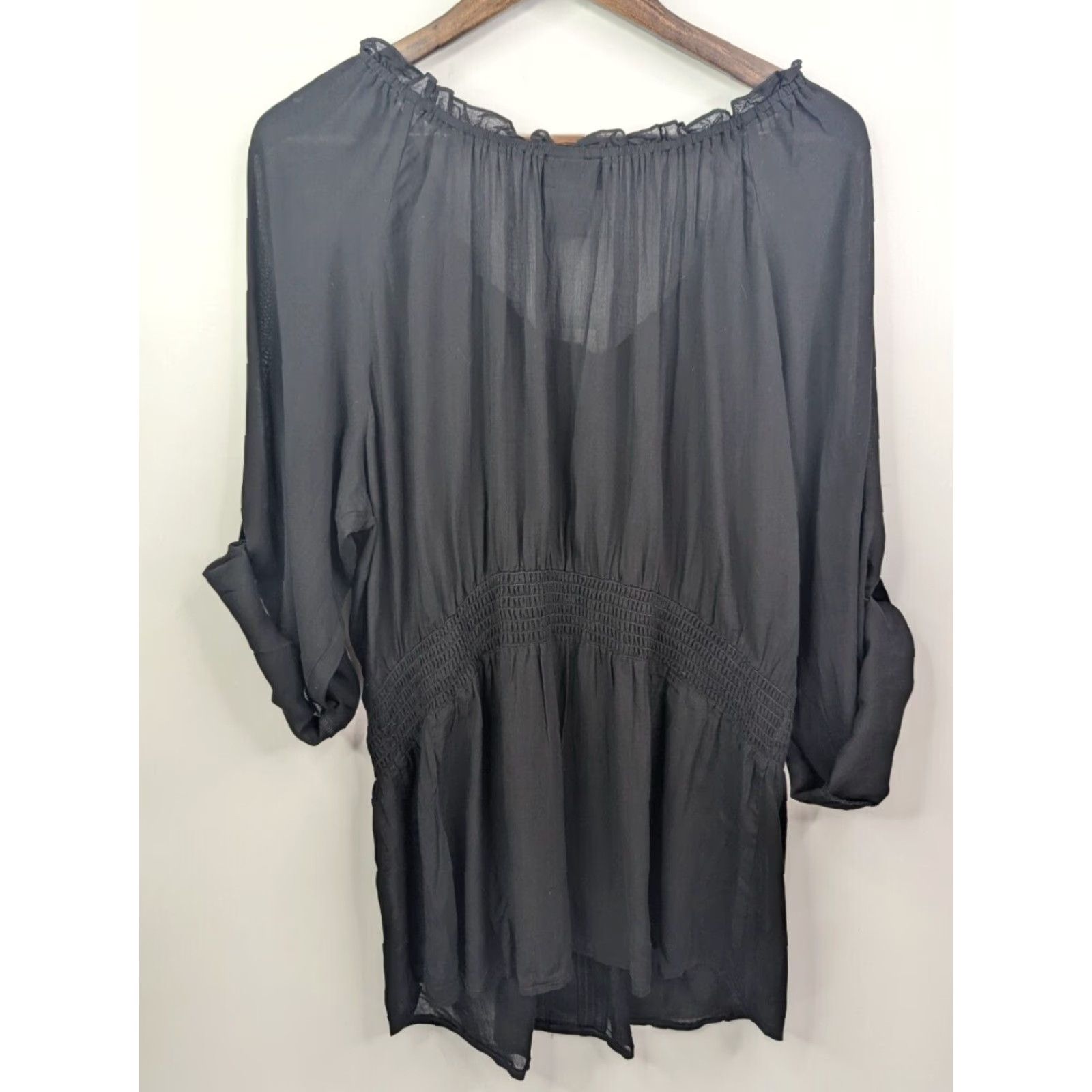 Vintage Lane Bryant Blouse Shirt | Plus Size 18/20 | Black Rayon Roll Tab Sleeve Front Button Pockets | 3/4 Sleeve | Round Neck | Women Size XXL / US 16-18 / IT 52-54 - 3 Thumbnail