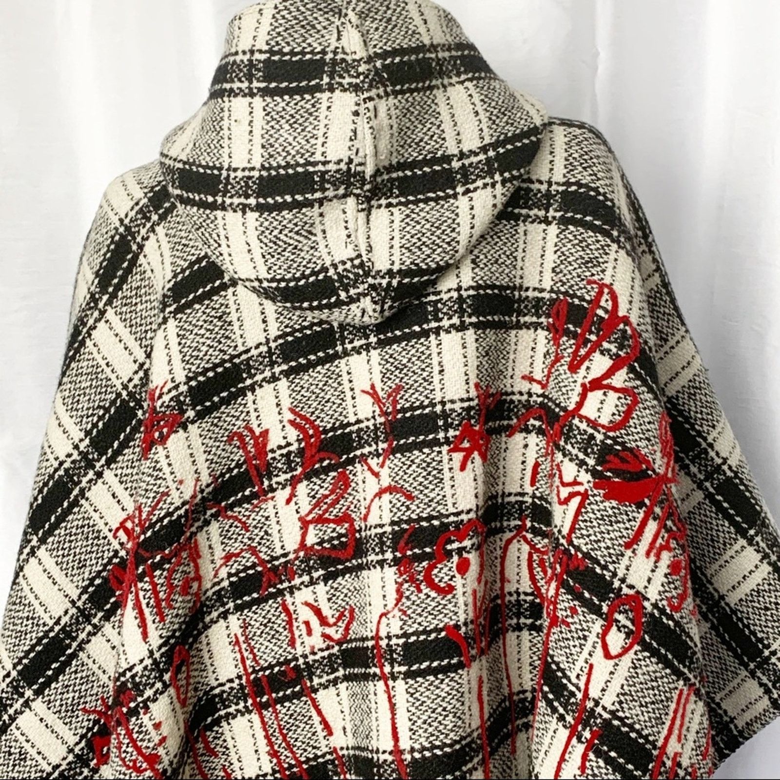 Ermanno Gallamini Ermanno Gallamini Hooded Wool Blanket Cape Poncho Check Size ONE SIZE - 4 Thumbnail
