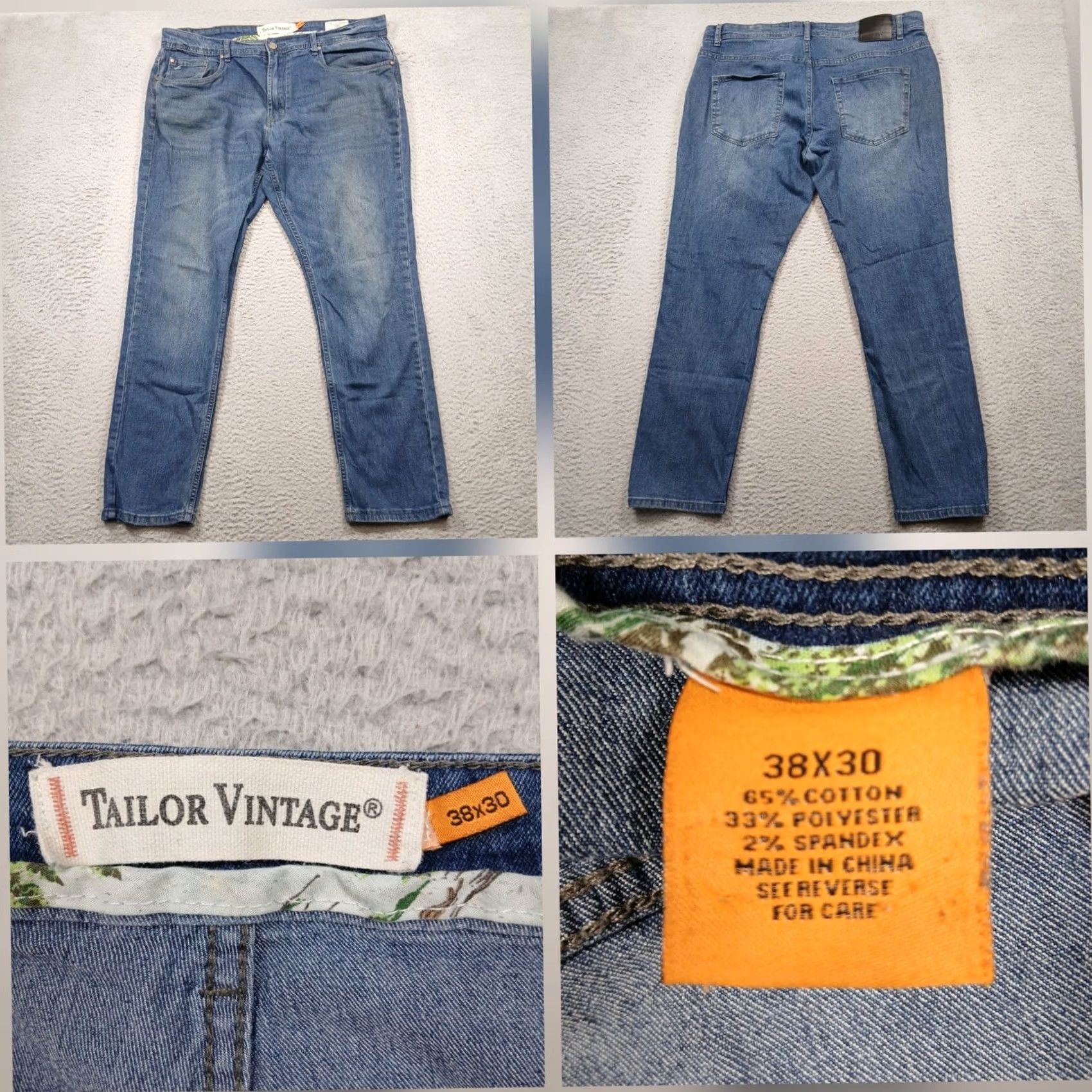 Denime Tailor Vintage Jeans Slim Straight Men 38x30 Blue Denim Stretch Five-Pocket Modern Slim Fit Mens Jeans Straight Blue Size US 38 / EU 54 - 2 Thumbnail
