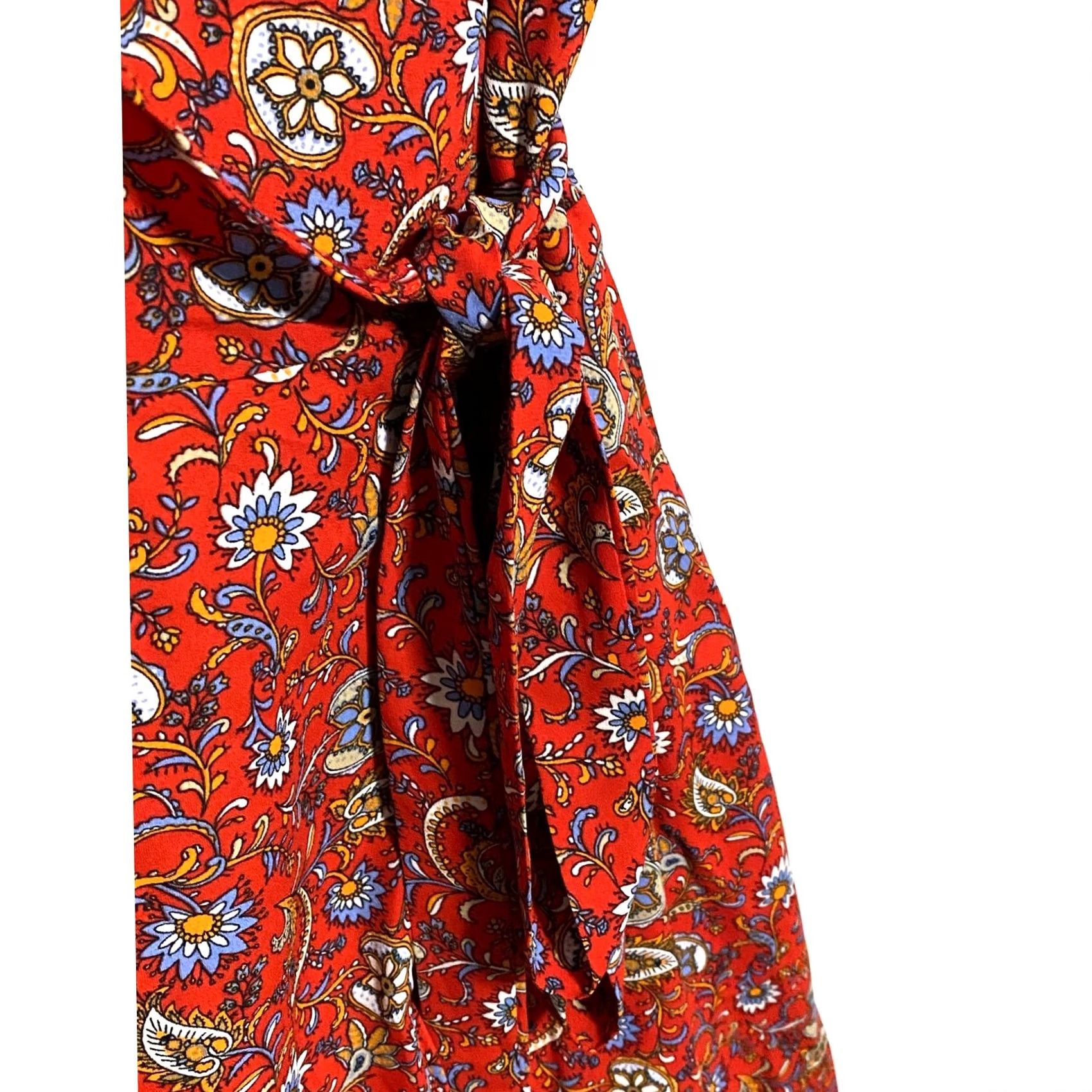Harmony Red Paisley Floral V Neck Wrap Dress Womens S Tie Waist Boho Chic Summer Rayon Size S / US 4 / IT 40 - 2 Thumbnail