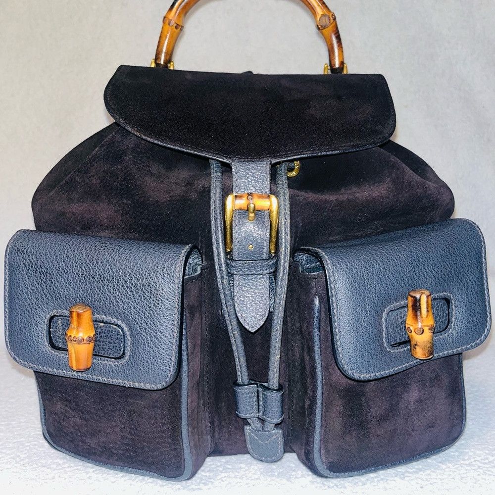 Gucci Bamboo Black/Navy Blue Suede/Leather Backpack